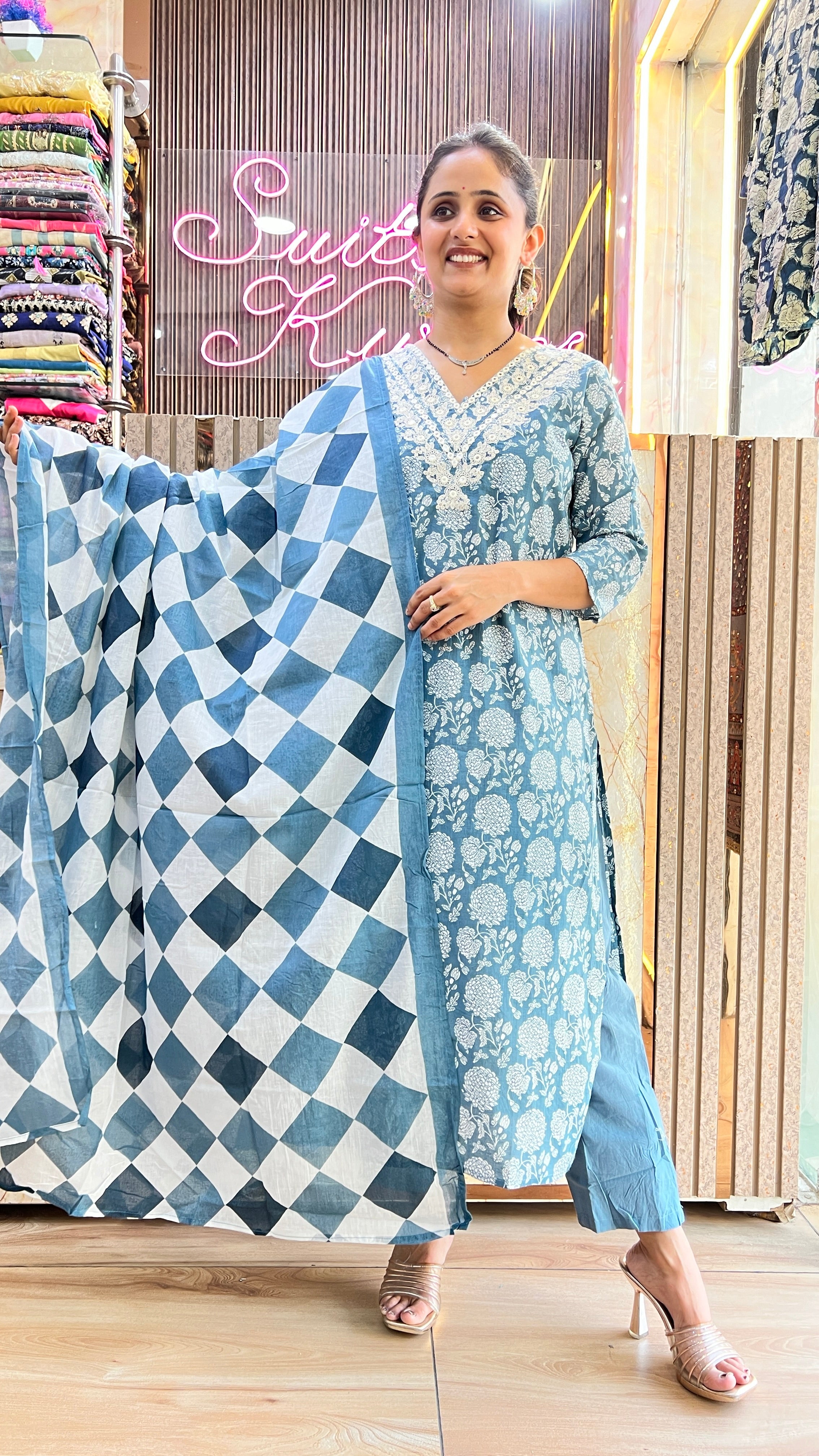 Printed Cotton Embroidered Suit