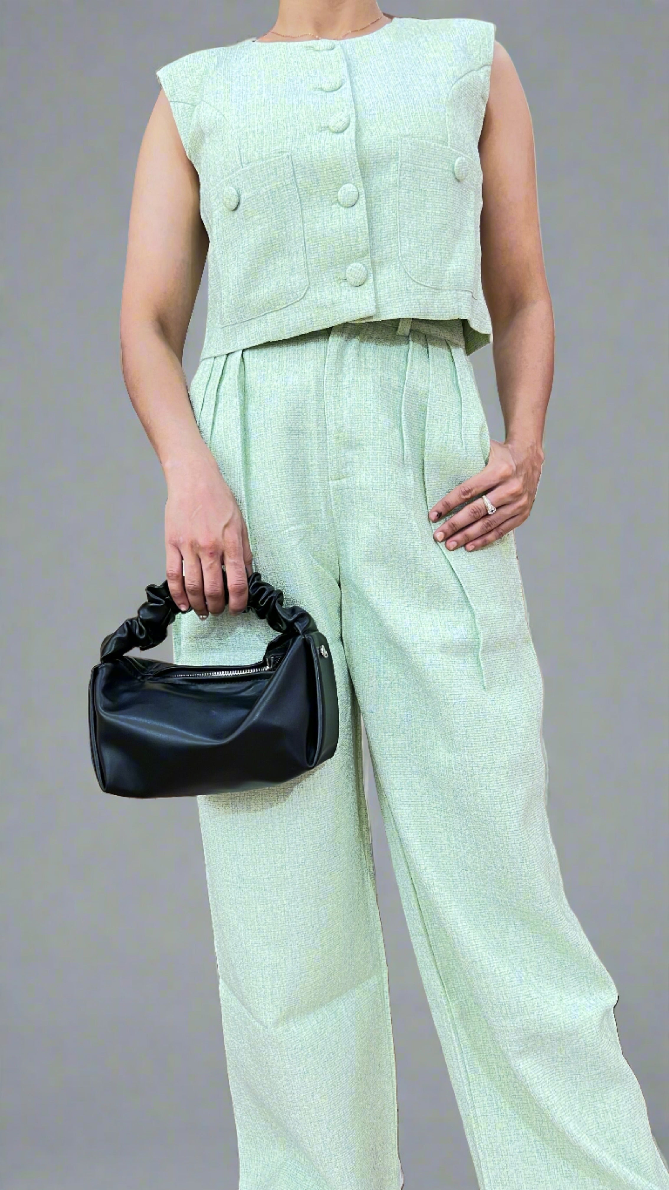 Crop top with high waist trousers