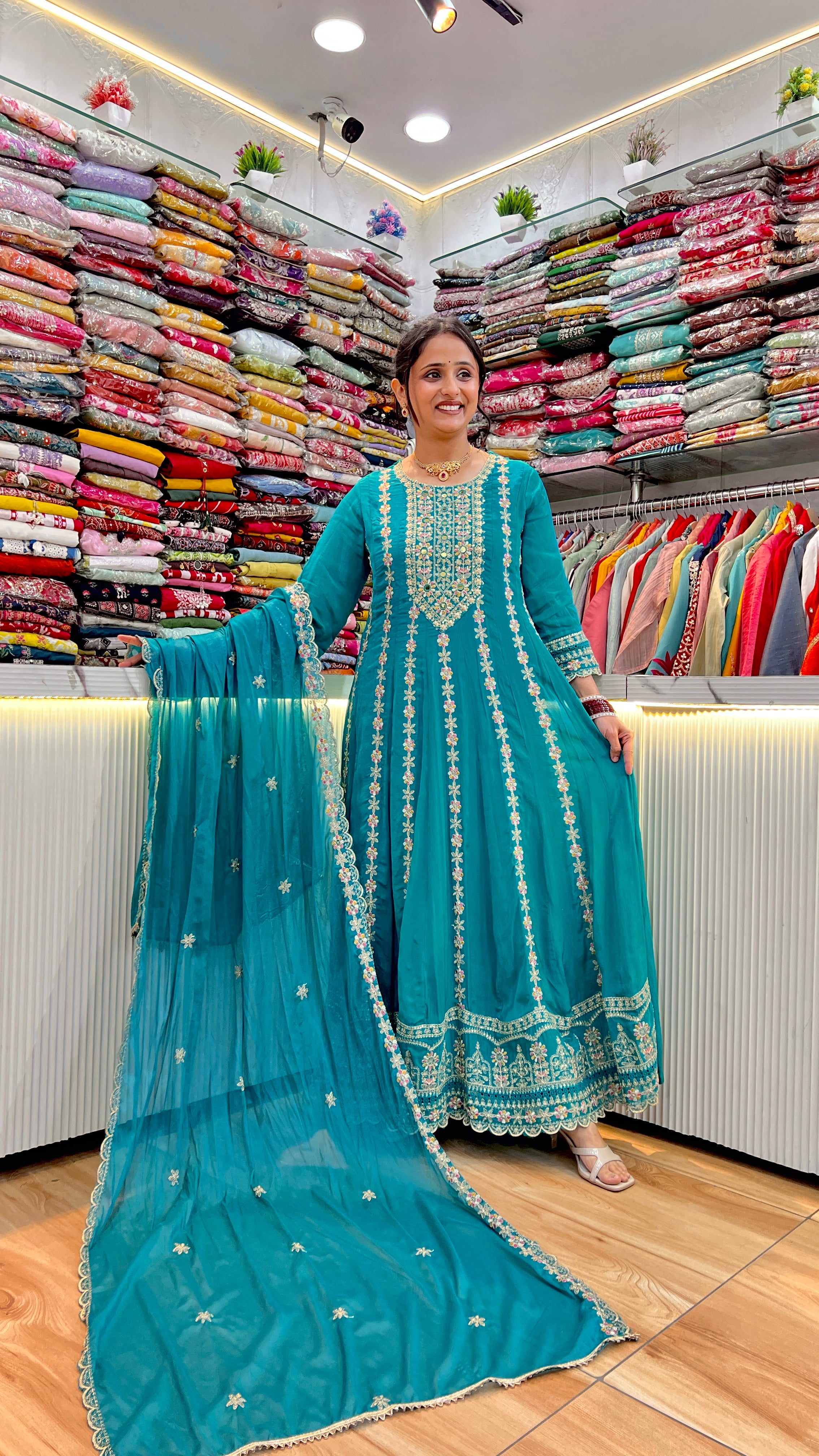 Thread embroidered chinon anarkali suit ( tj 32067 )