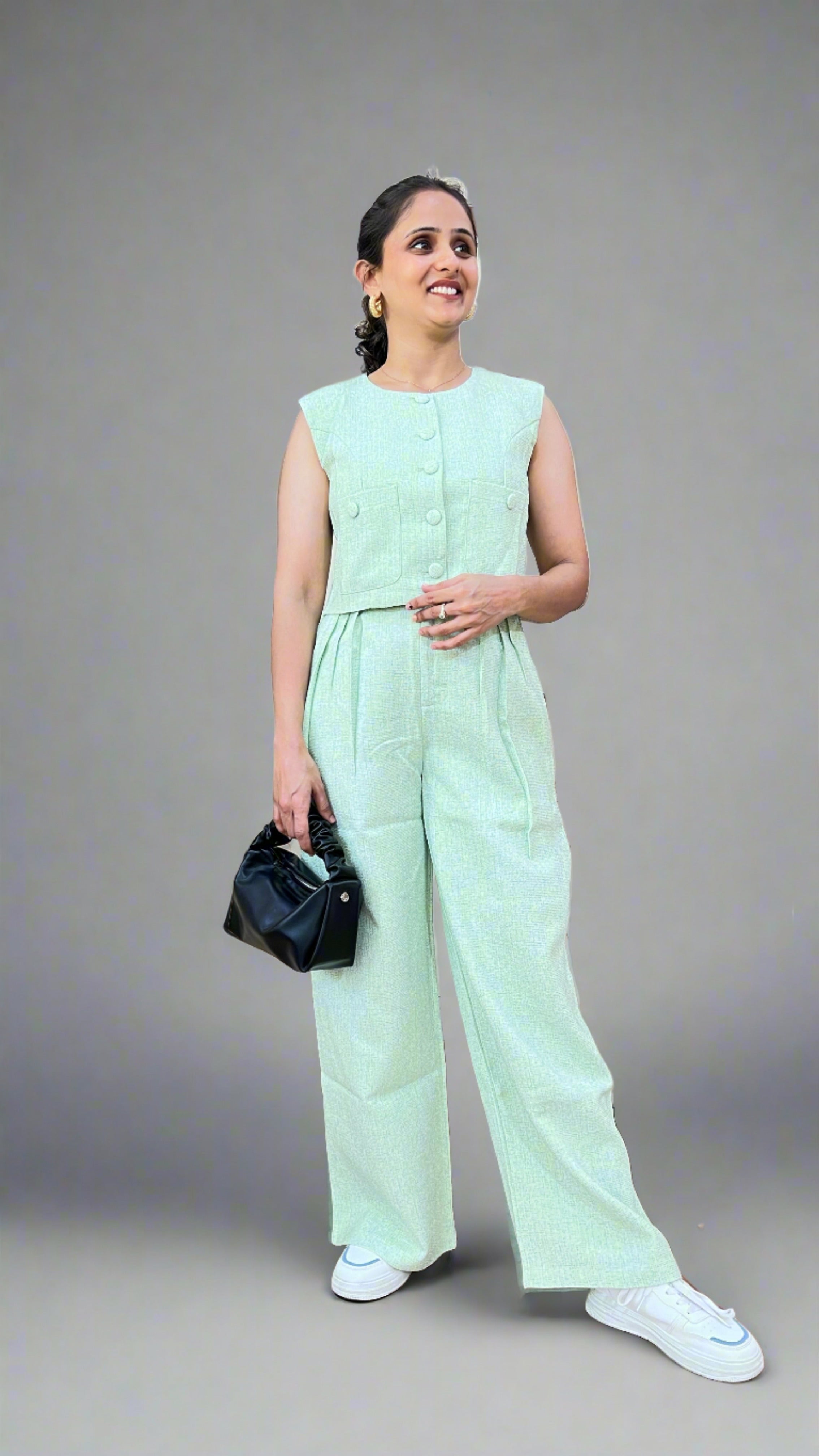 Crop top with high waist trousers