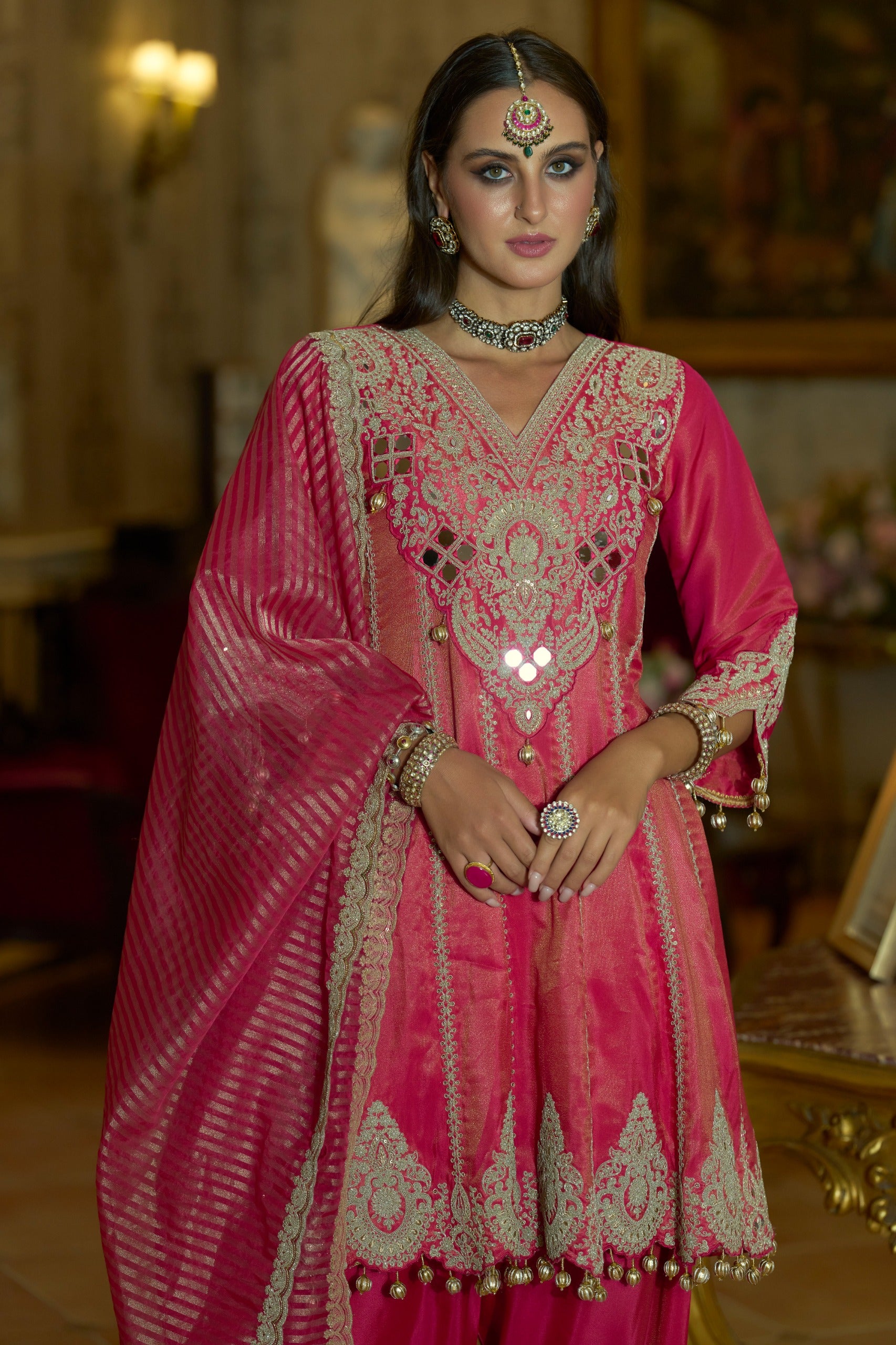 Shimmer tissue short anarkali suit