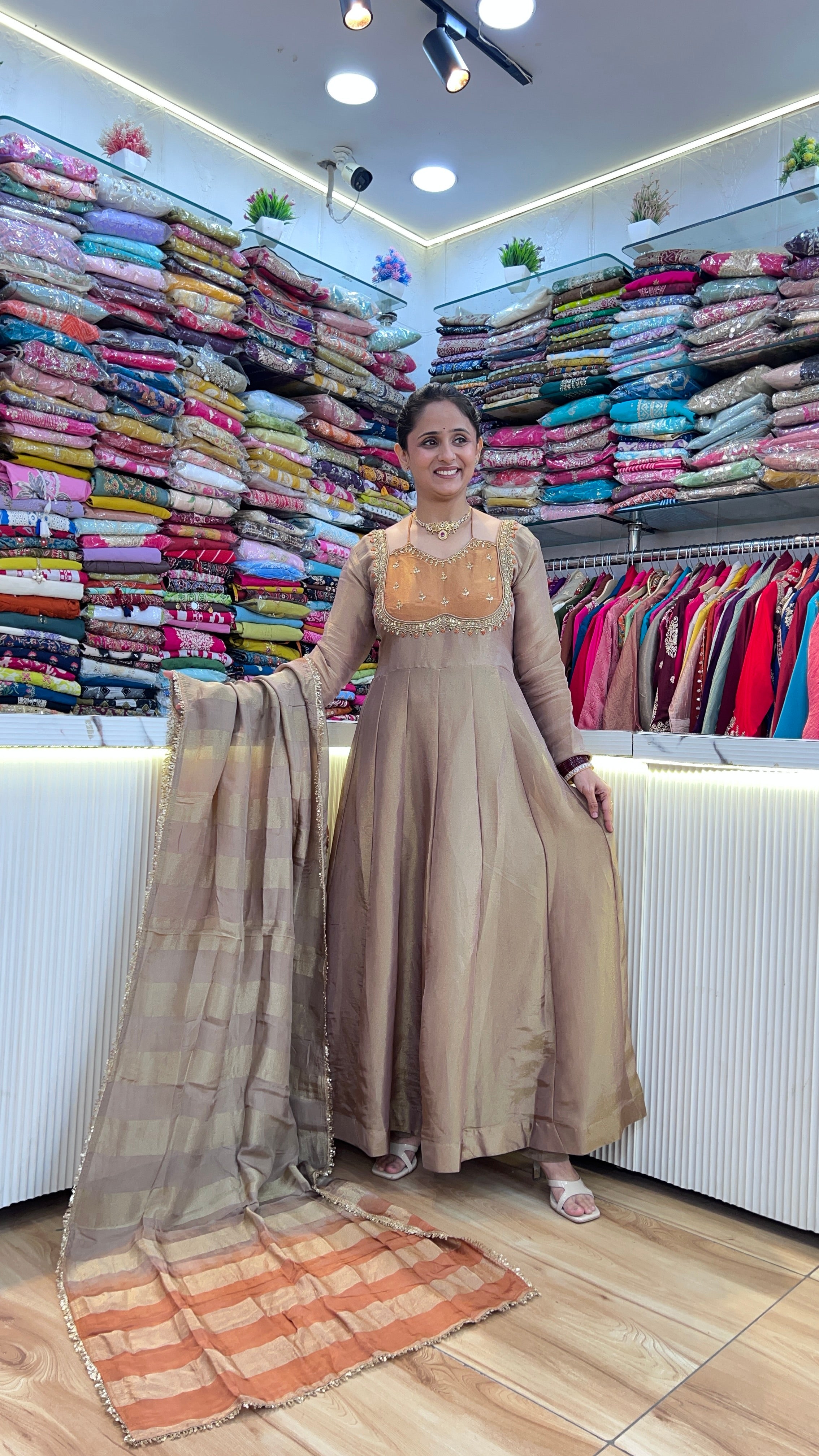 Designer shimmer tissue anarkali suit ( ym 66167 )