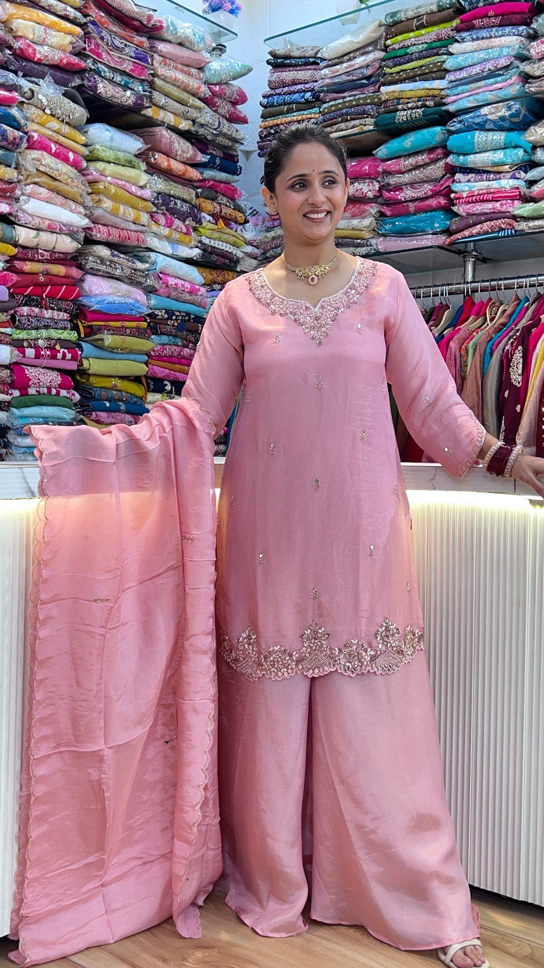 Rose Pink Embroidered Kurta with Sharara & Dupatta ( sdw 3667 )