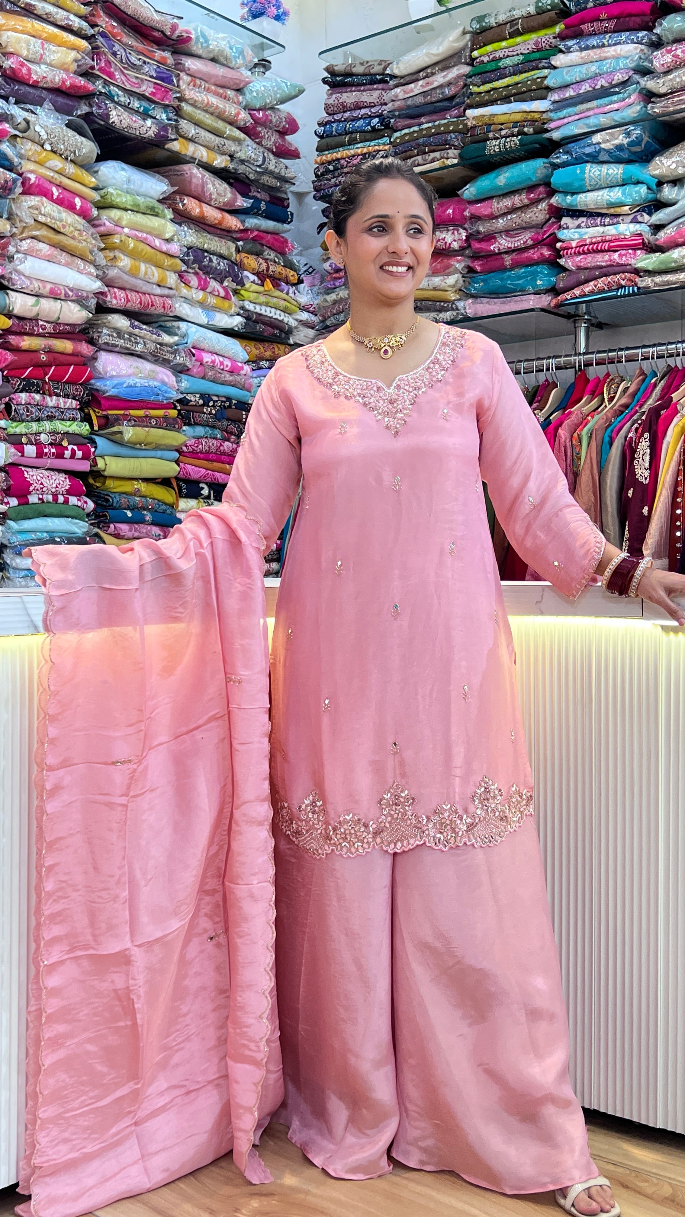Rose Pink Embroidered Kurta with Sharara & Dupatta ( sdw 3667 )