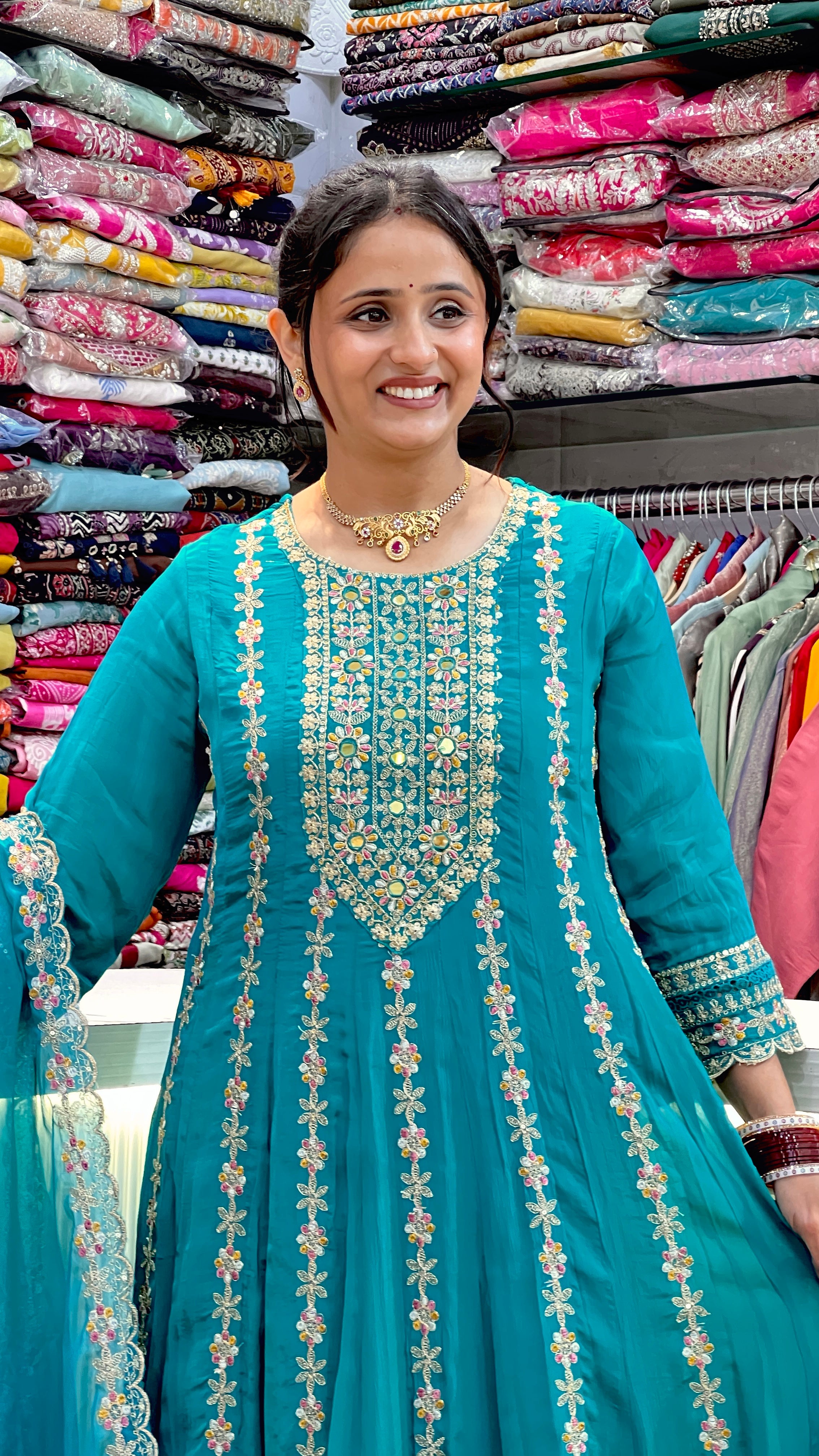 Thread embroidered chinon anarkali suit ( tj 32067 )