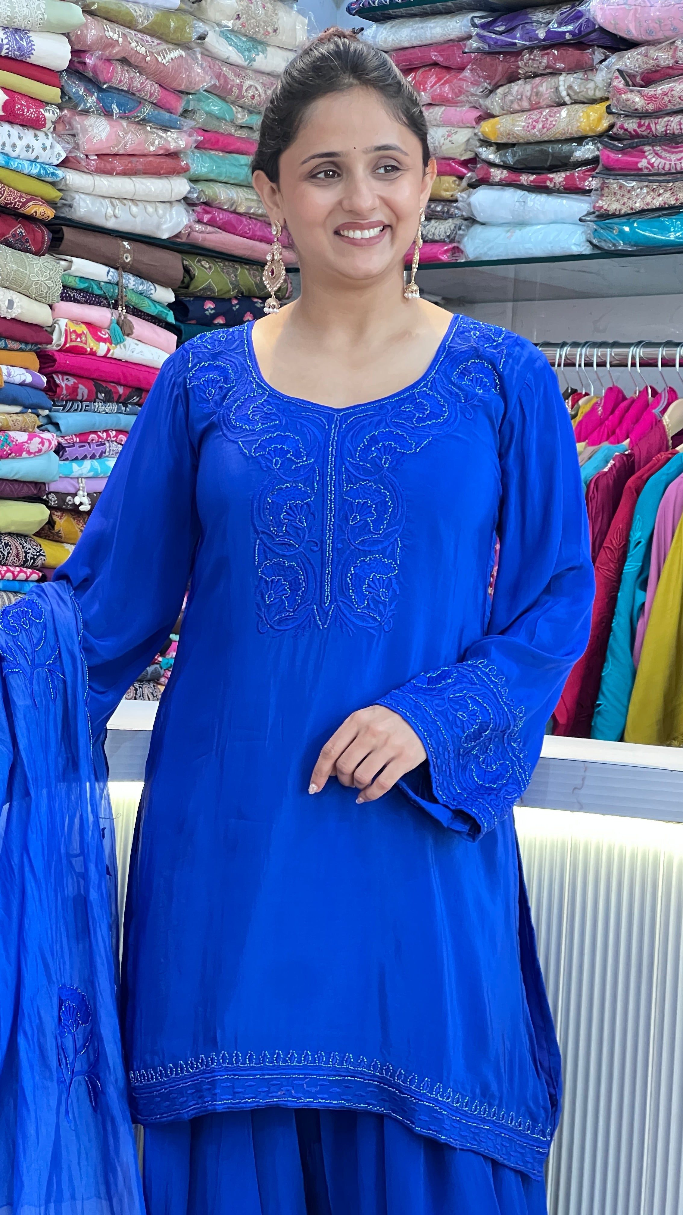 Pure Crape Embroidered Suit Set with Farshi ( ym 64567 )