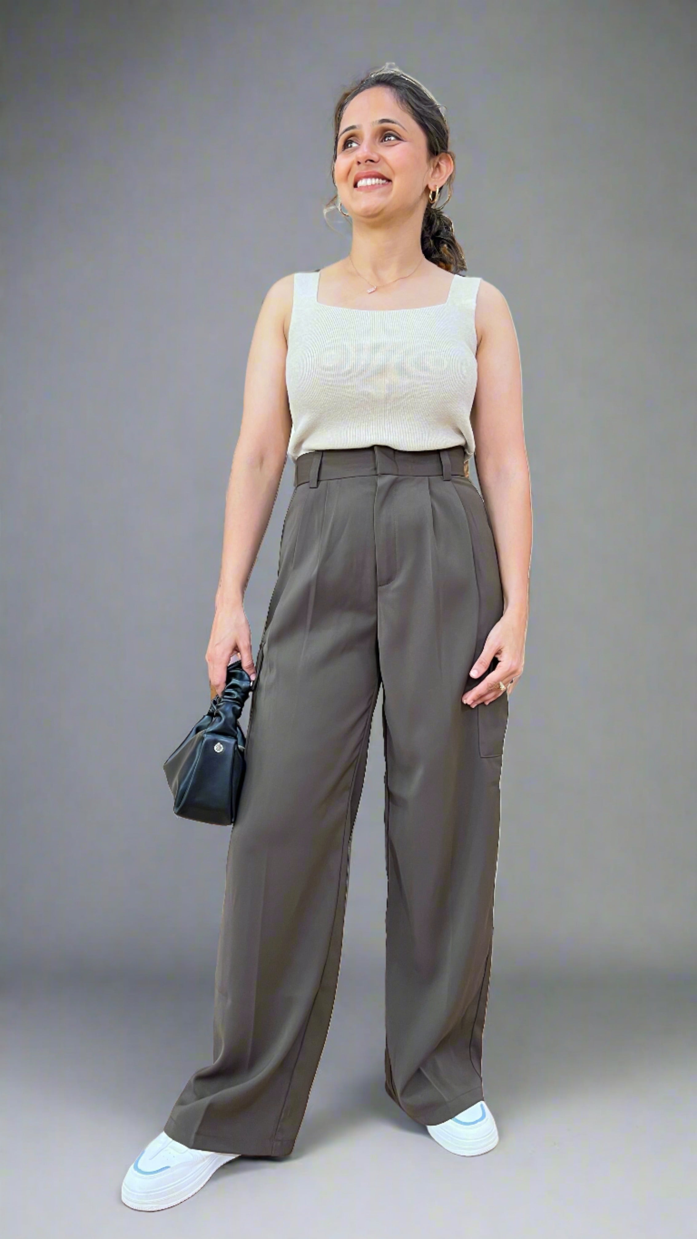 パンツ Golden  Wide-Leg Grey Trousers With High Waist wide leg trousers - Dark grey | Monki WW