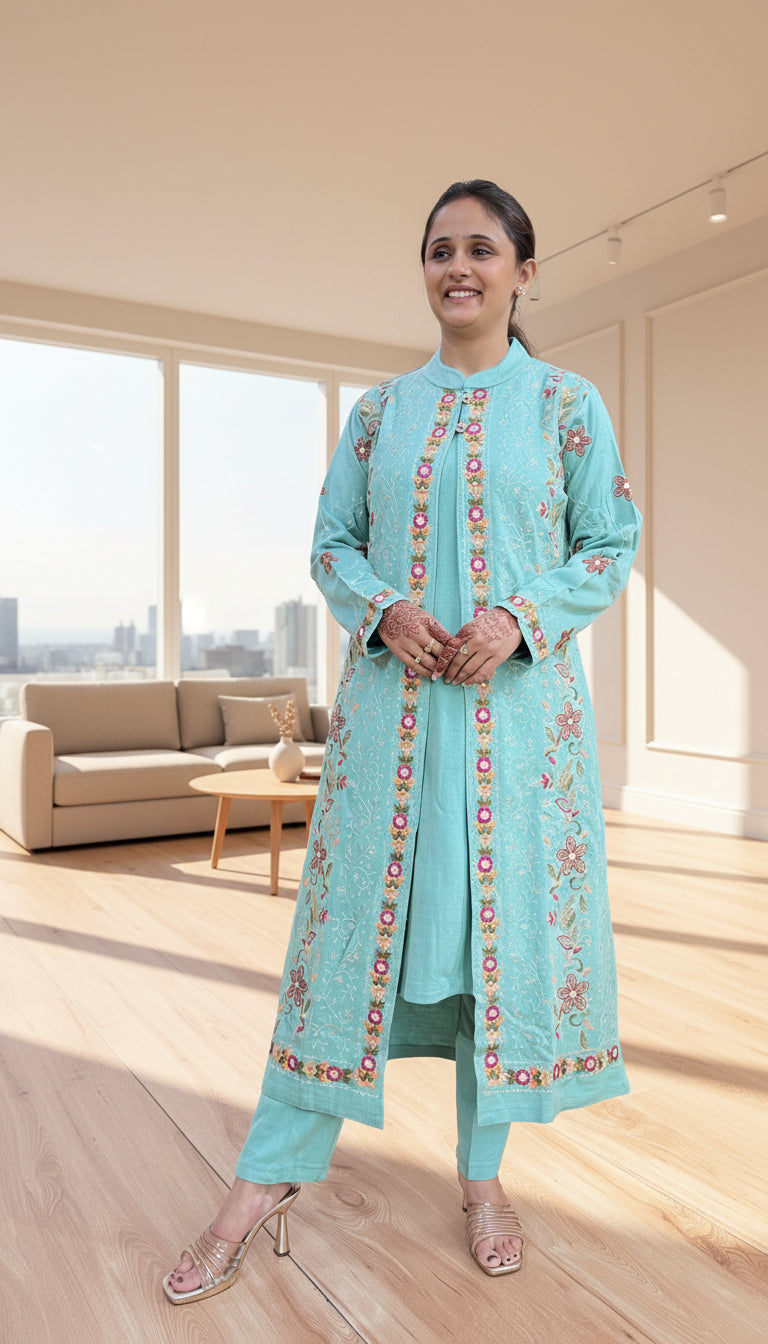Embroidered long shrug 3 piece set