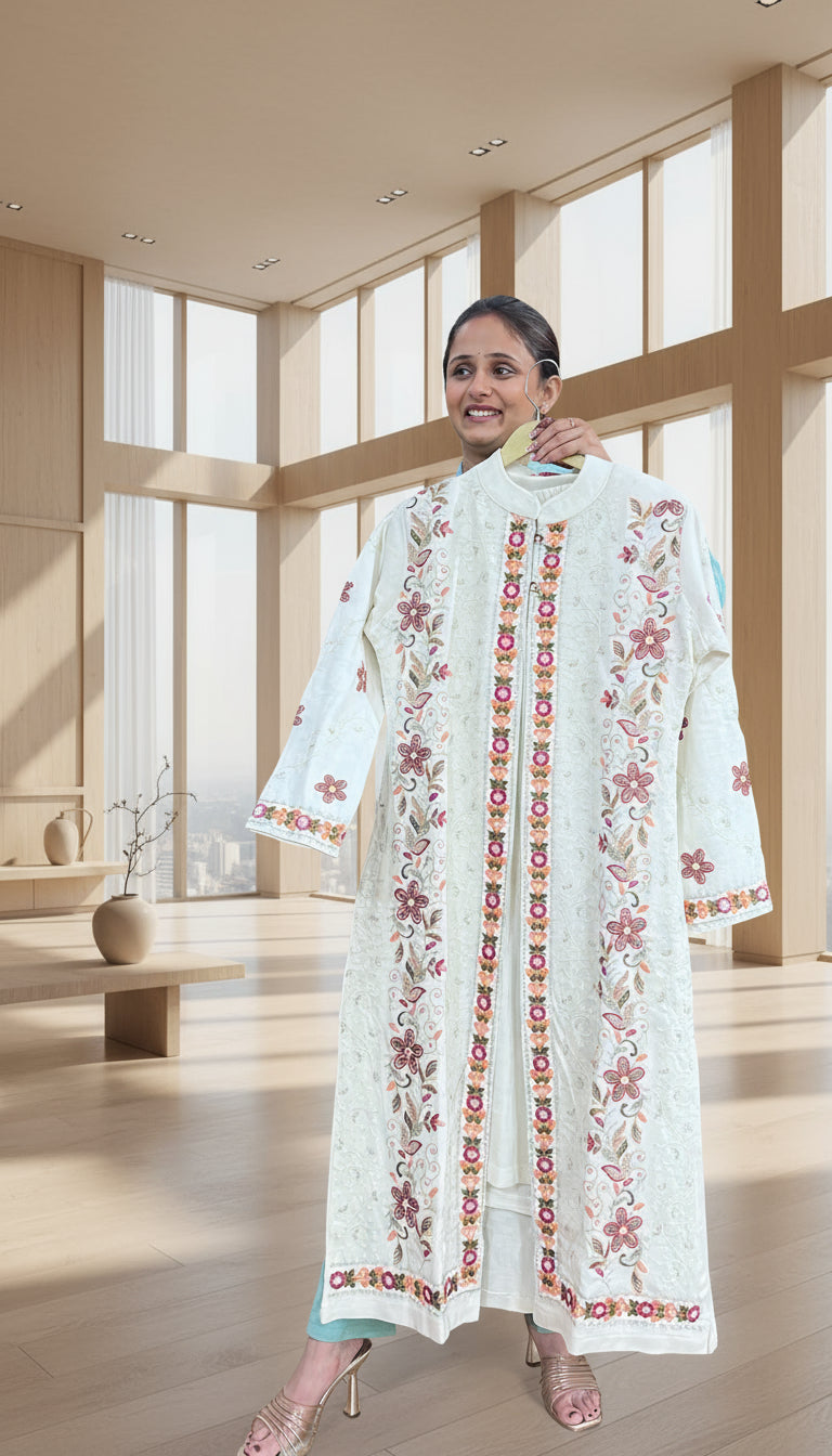 Embroidered long shrug 3 piece set