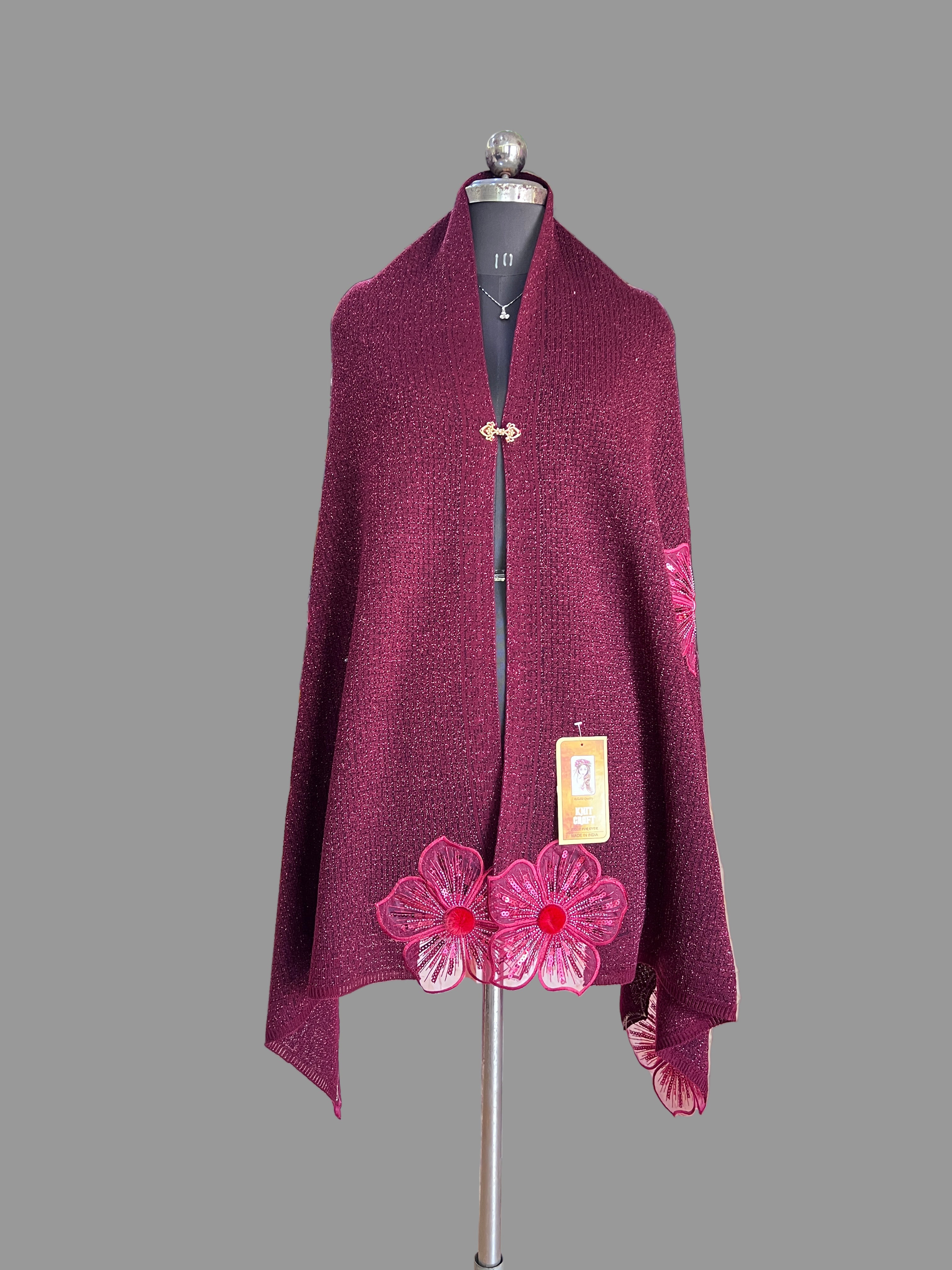 Flower knitted wool ponchu stole