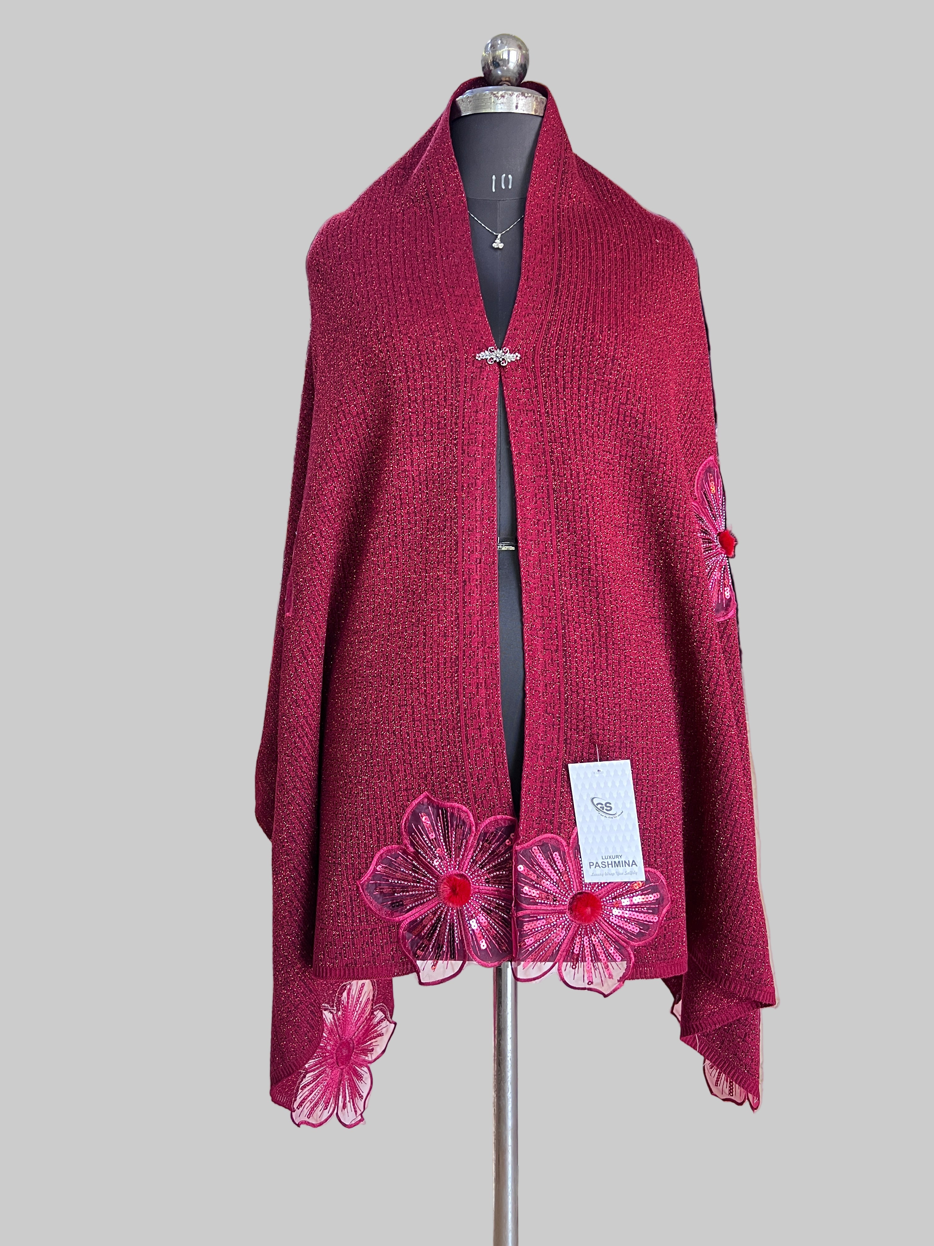 Flower knitted wool ponchu stole