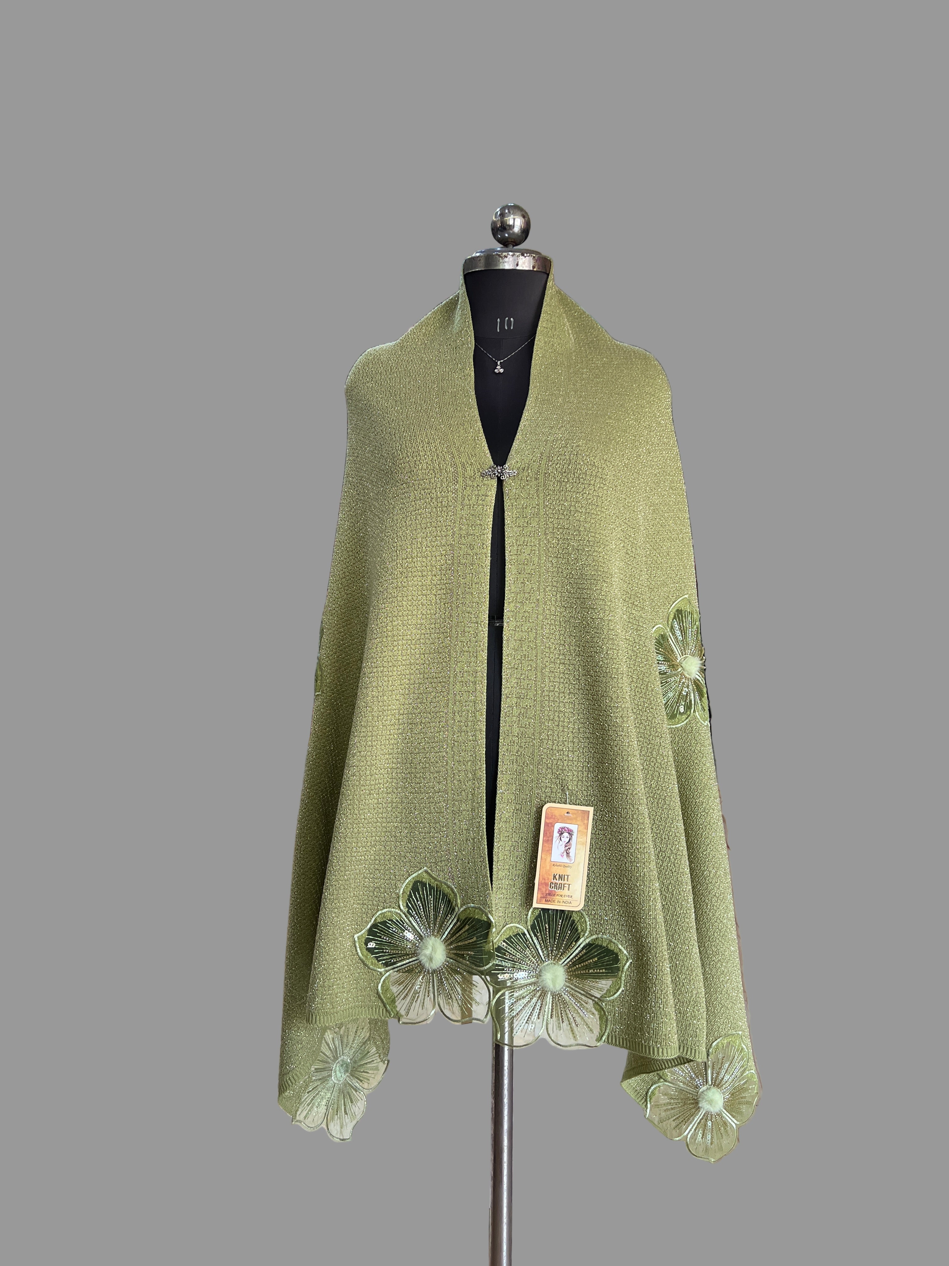 Flower knitted wool ponchu stole
