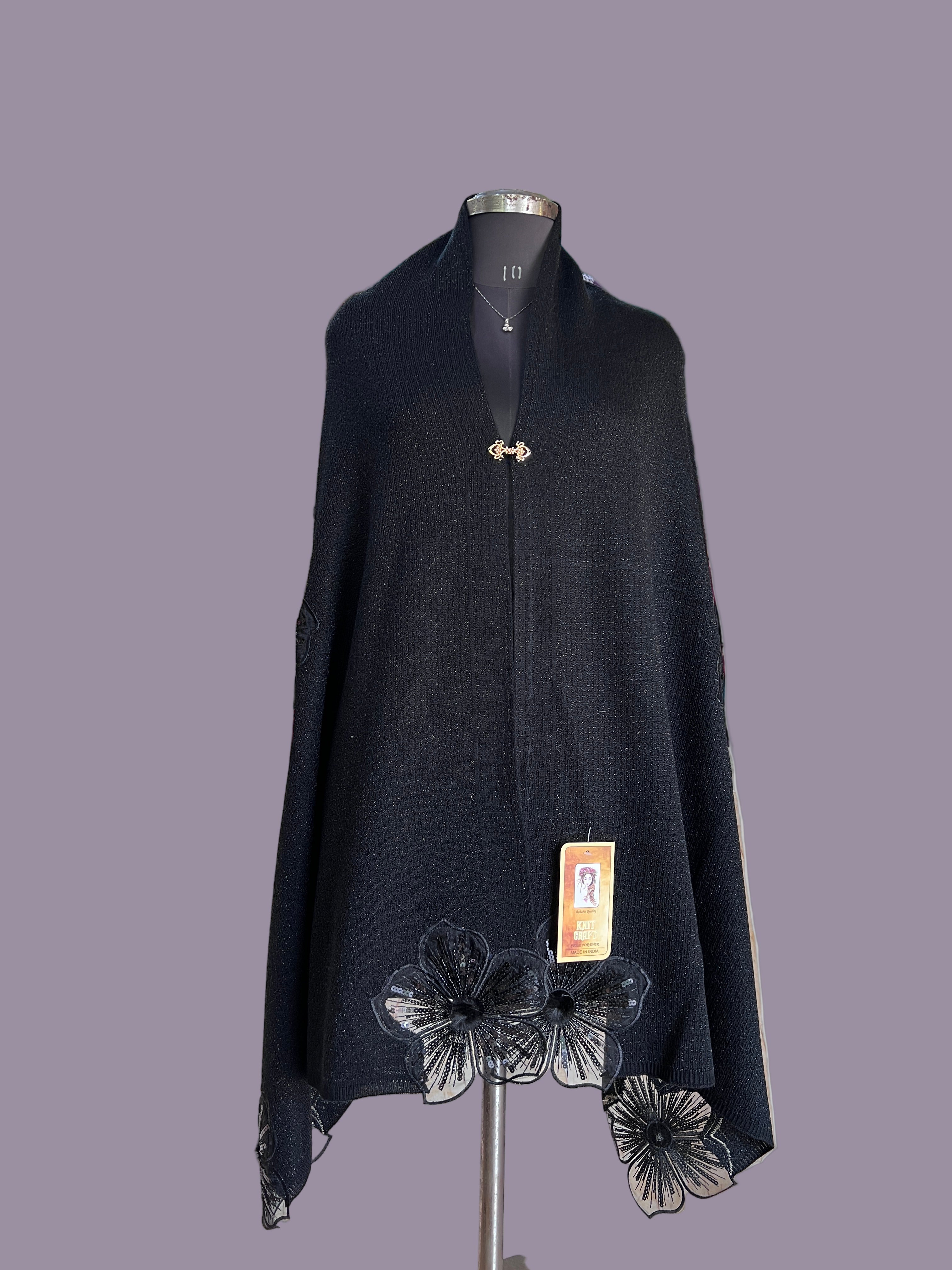 Flower knitted wool ponchu stole