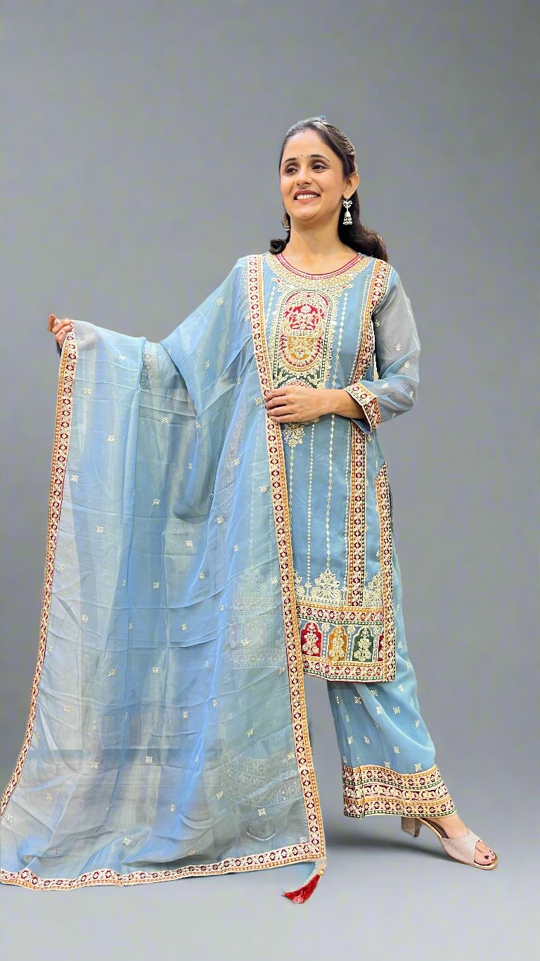 asna short kurta with plazo suit ( shimmer tissue )
