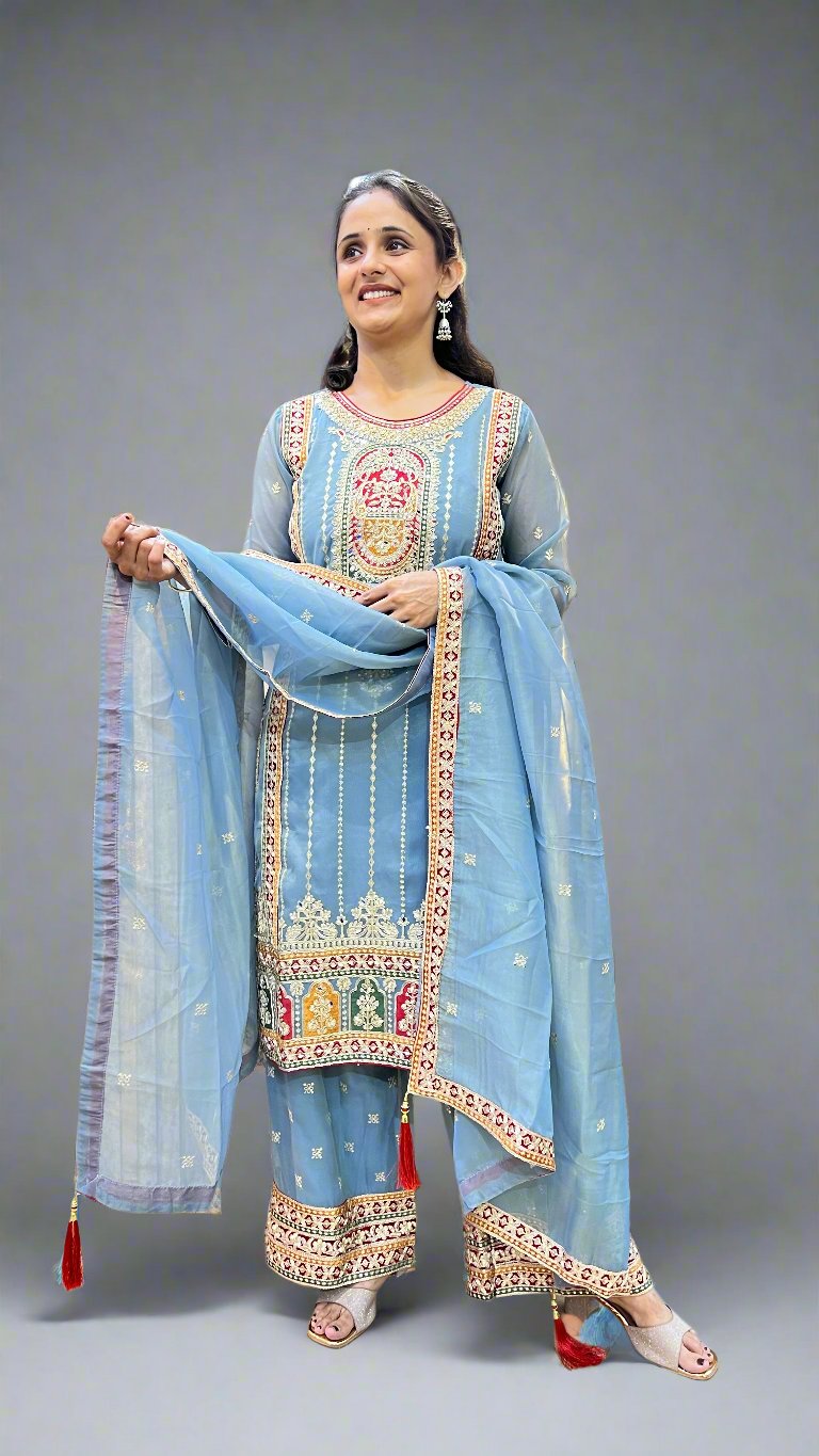 asna short kurta with plazo suit ( shimmer tissue )