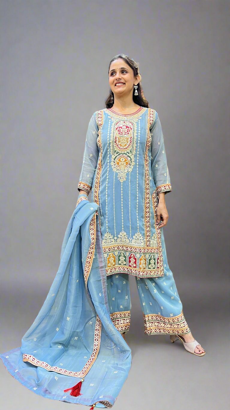 asna short kurta with plazo suit ( shimmer tissue )