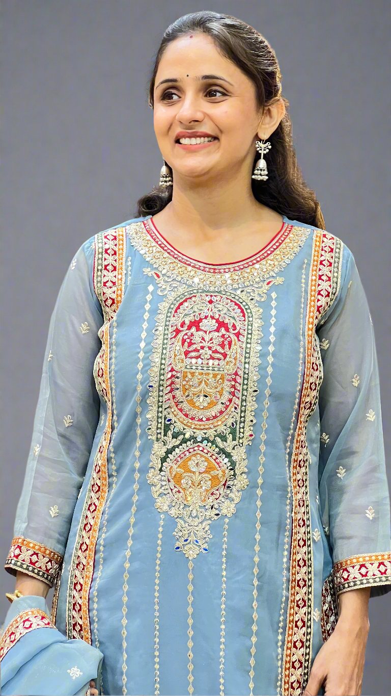asna short kurta with plazo suit ( shimmer tissue )