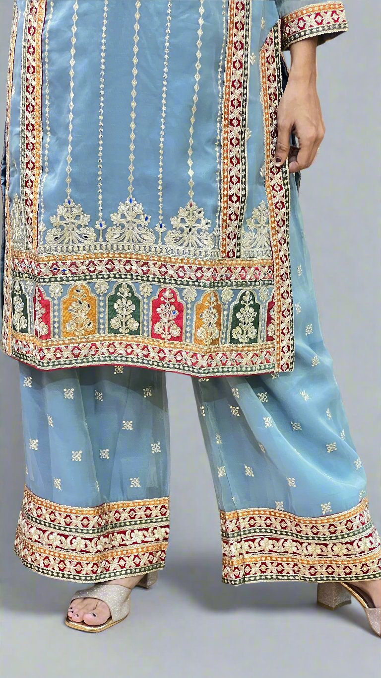 asna short kurta with plazo suit ( shimmer tissue )