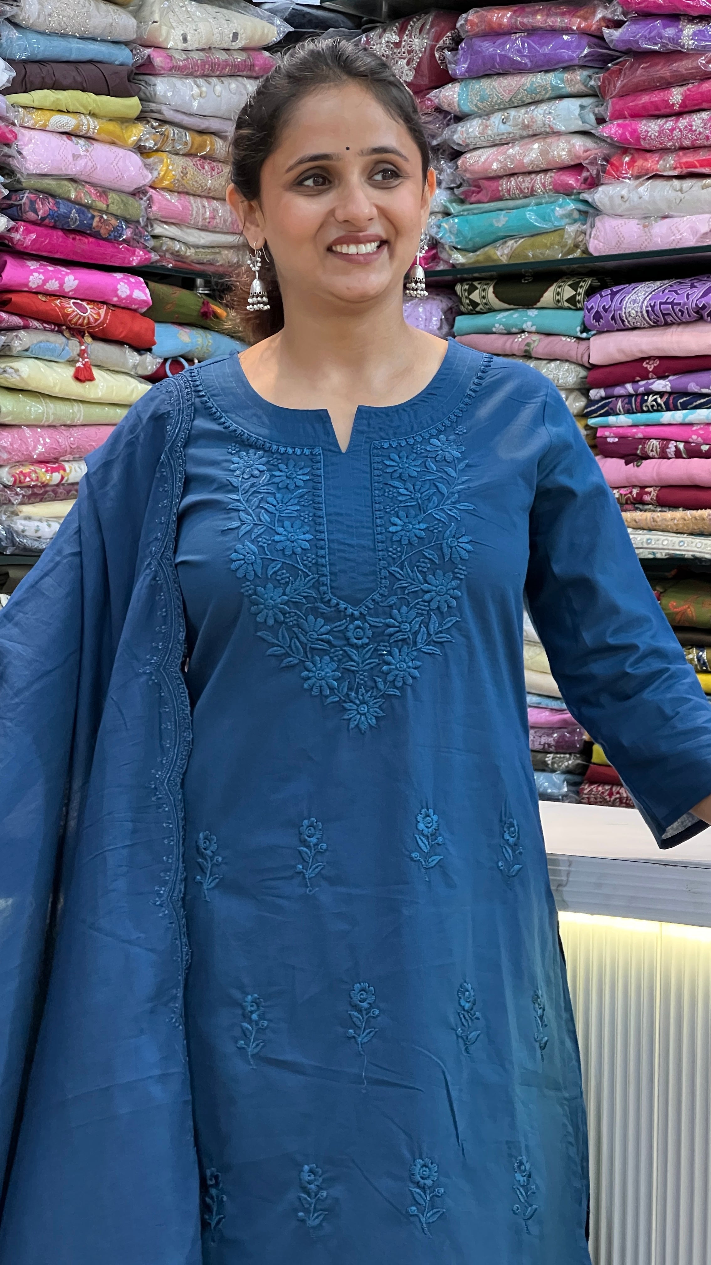 Solid cotton embroidered suit ( gj 10867 )