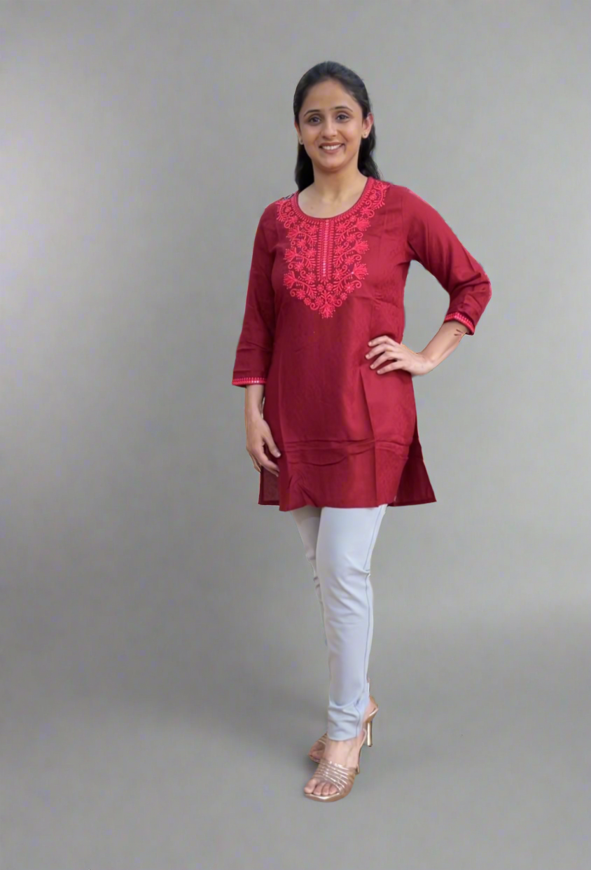 maroon embroidered short kurta