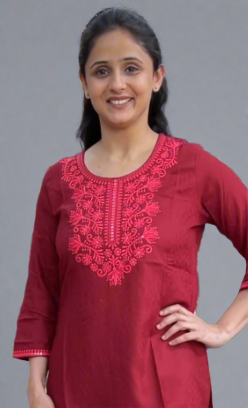 maroon embroidered short kurta