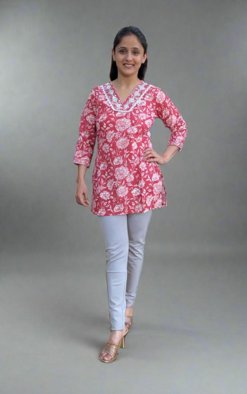 v neck embroidered short kurti