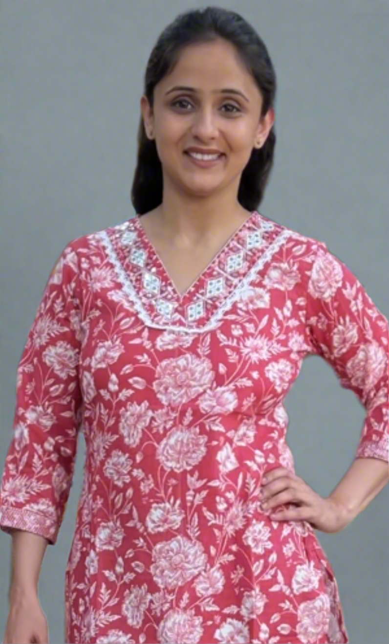 v neck embroidered short kurti