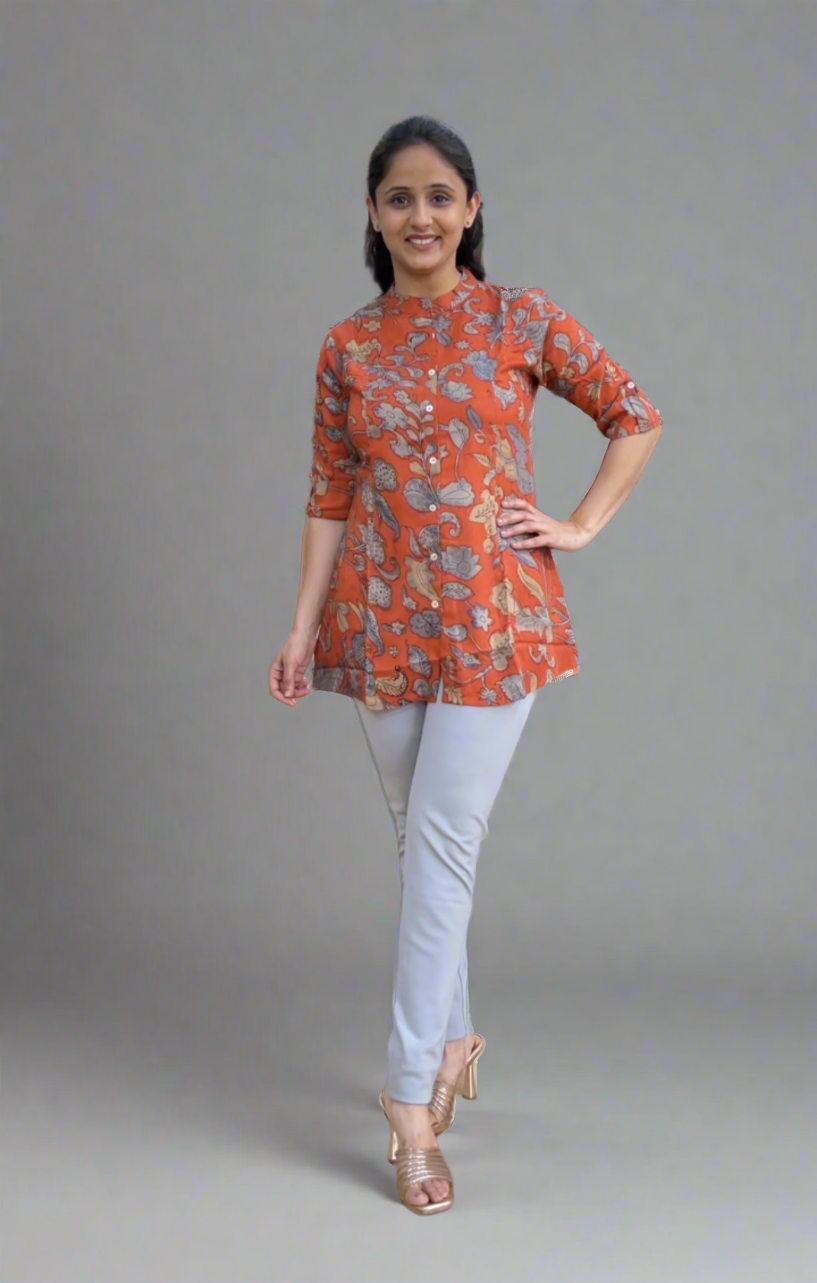 printed front button short kurta
