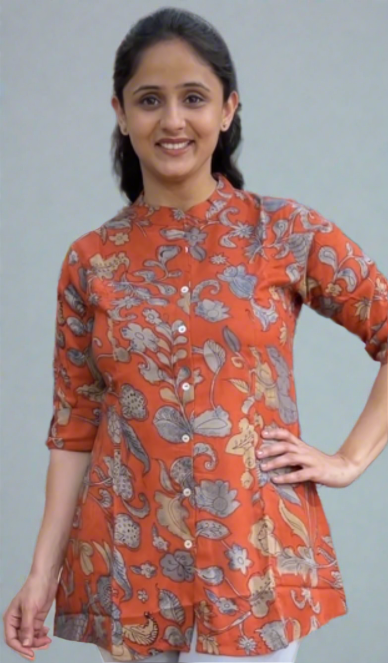 printed front button short kurta