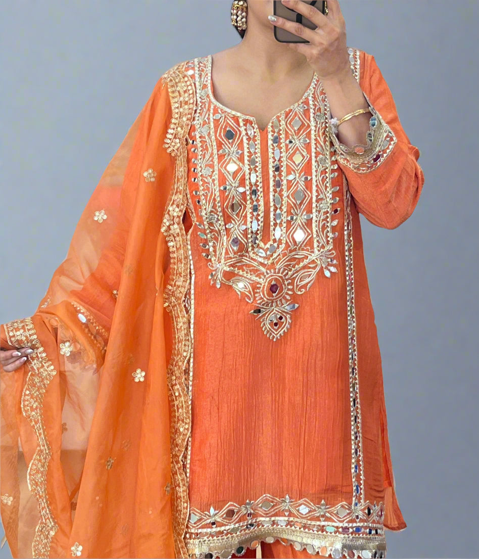 Mirror work plazo suit ( crush tissue )