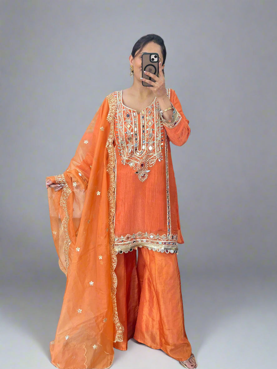 Mirror work plazo suit ( crush tissue )