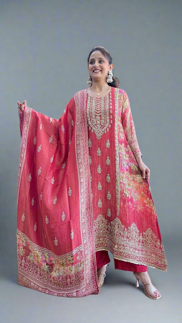 Crush chinon embroidered suit