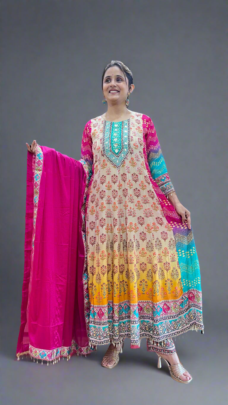 Pure Grape Multicolor Anarkali Suit with Heavy Border & Dupatta