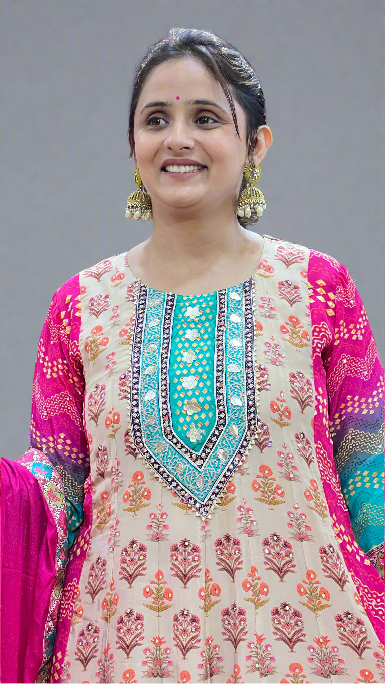 Pure Grape Multicolor Anarkali Suit with Heavy Border & Dupatta