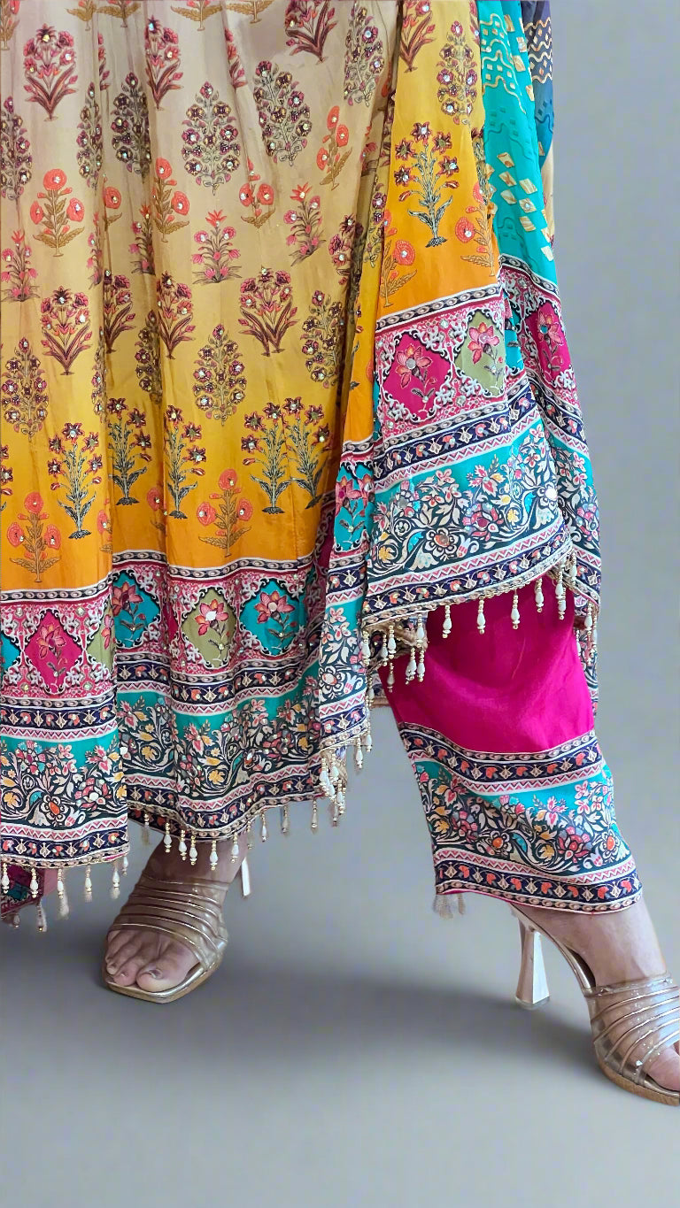 Pure Grape Multicolor Anarkali Suit with Heavy Border & Dupatta