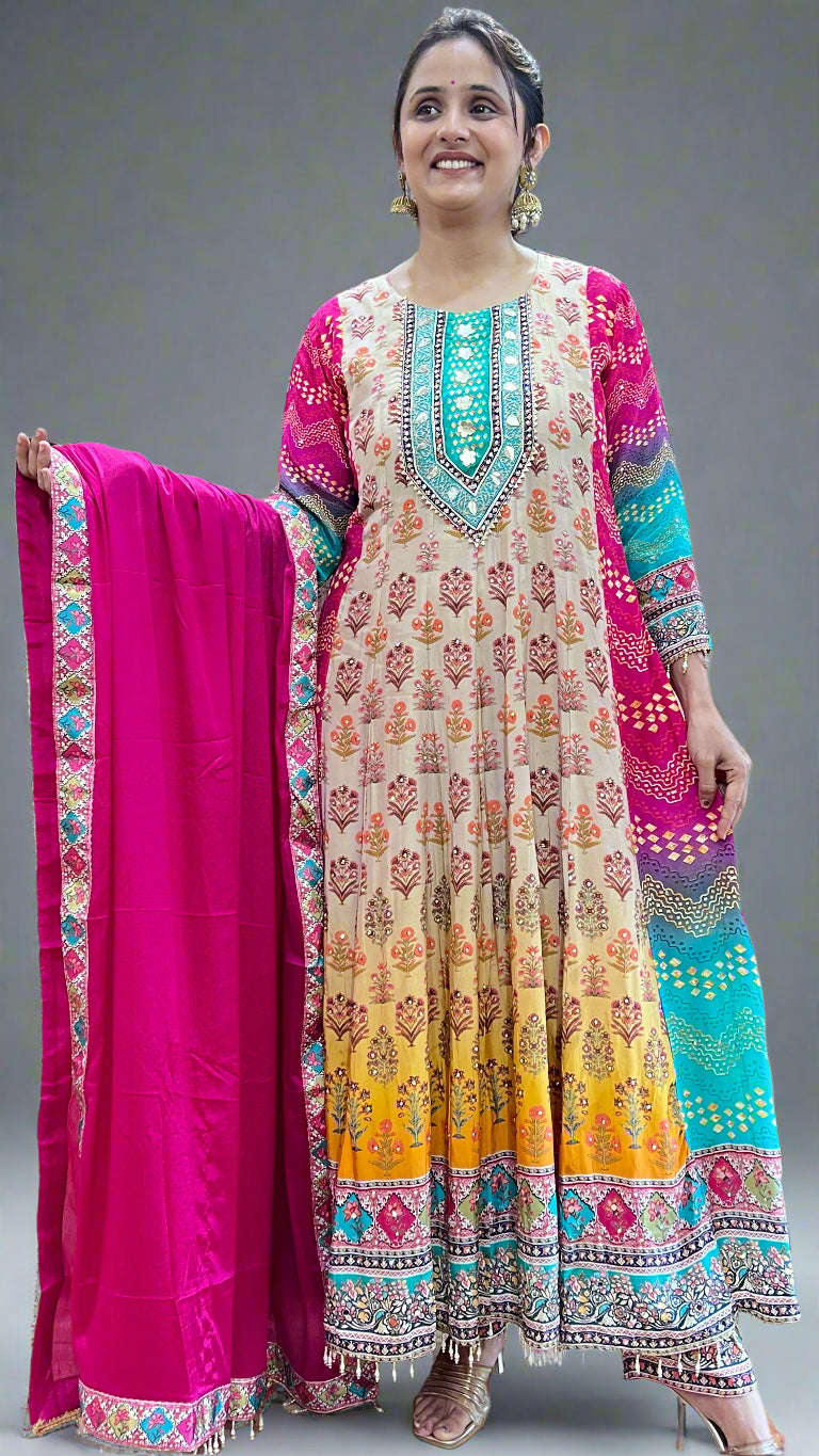 Pure Grape Multicolor Anarkali Suit with Heavy Border & Dupatta
