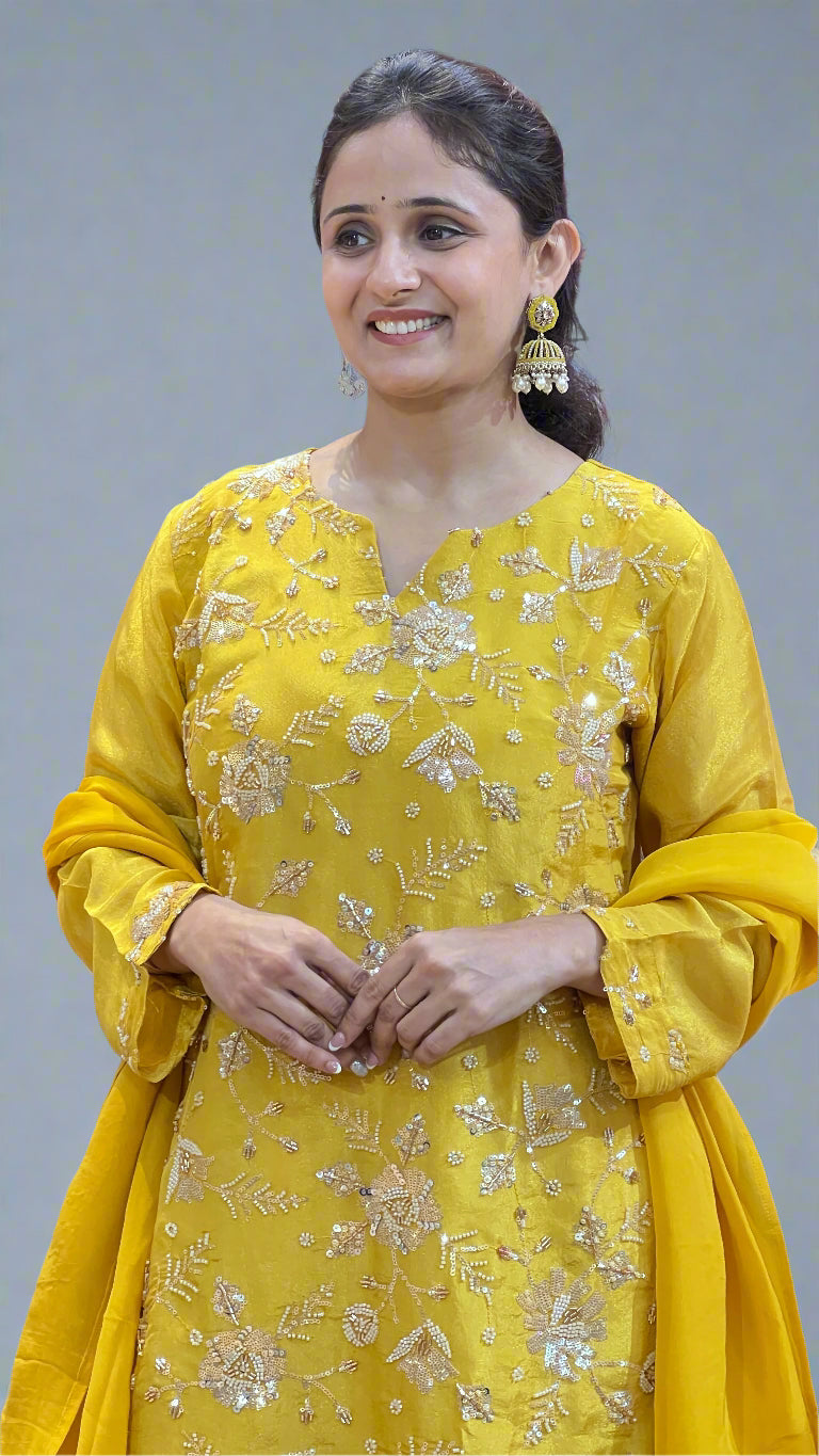 Hand work designer suit ( shimmer tissue fabric )