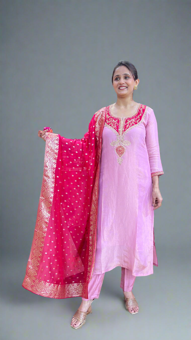 Shimmer tissue suit with banarsee dupatta