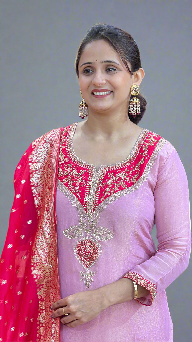 Shimmer tissue suit with banarsee dupatta