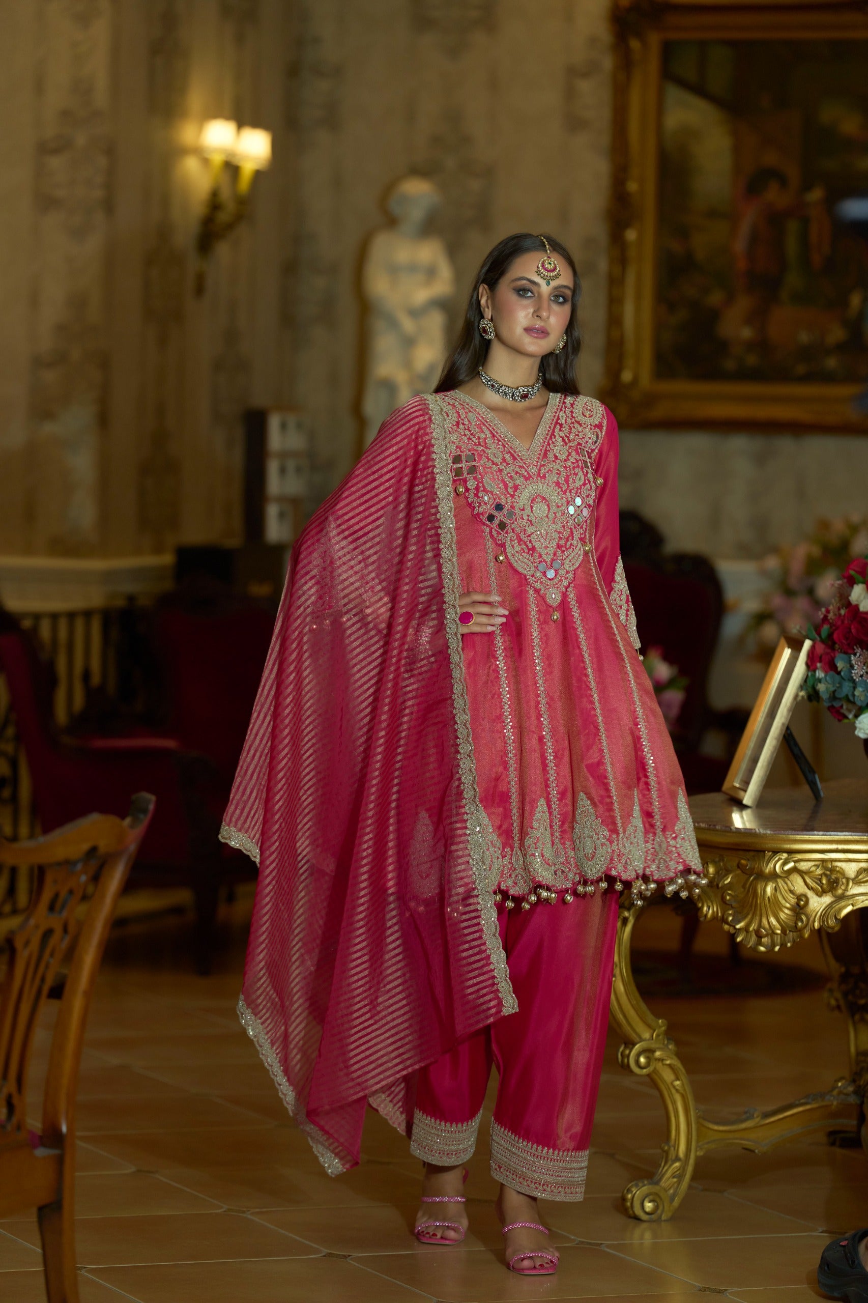 Shimmer tissue short anarkali suit