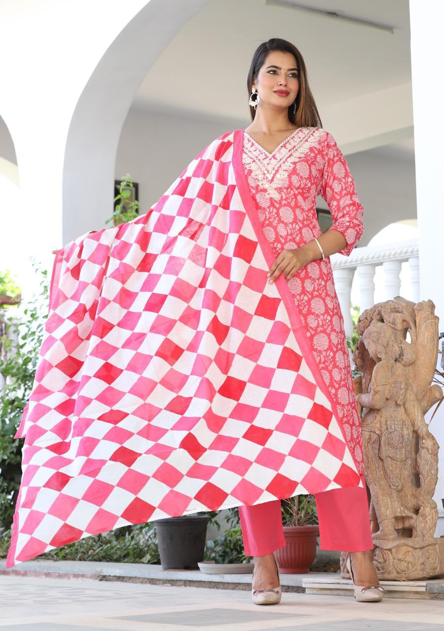 Printed Cotton Embroidered Suit