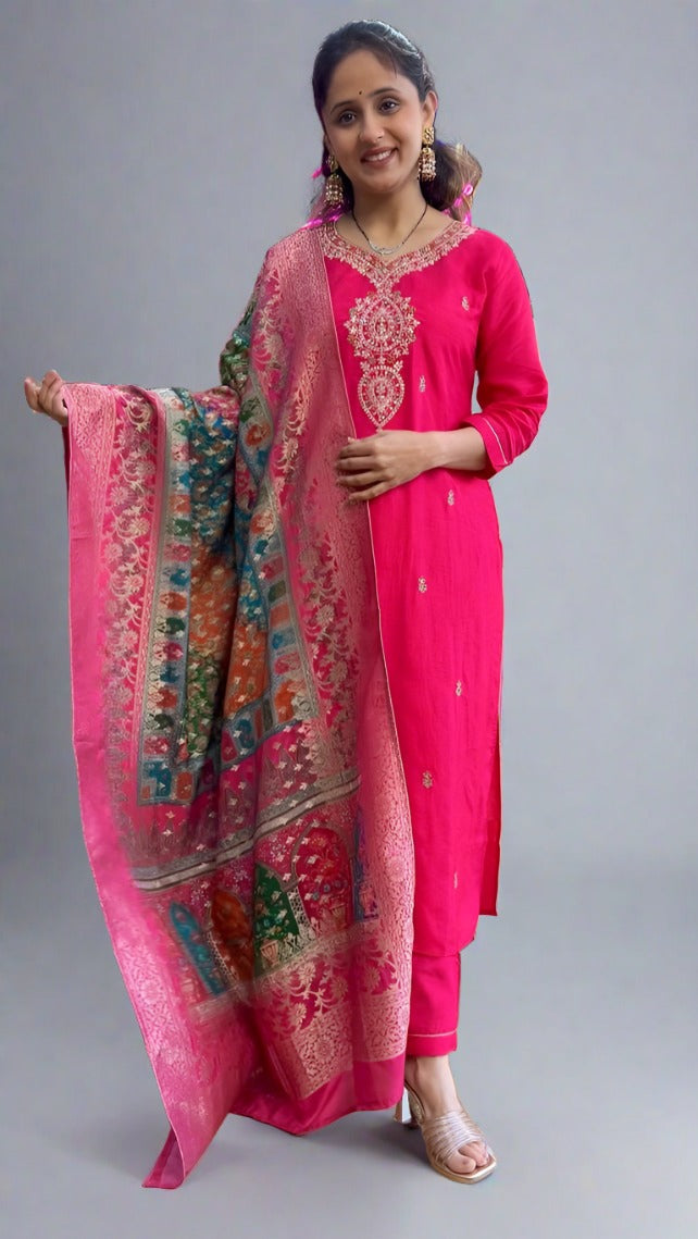 Dola silk suit with Banarsi dupatta