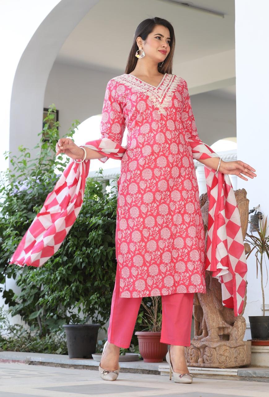 Printed Cotton Embroidered Suit