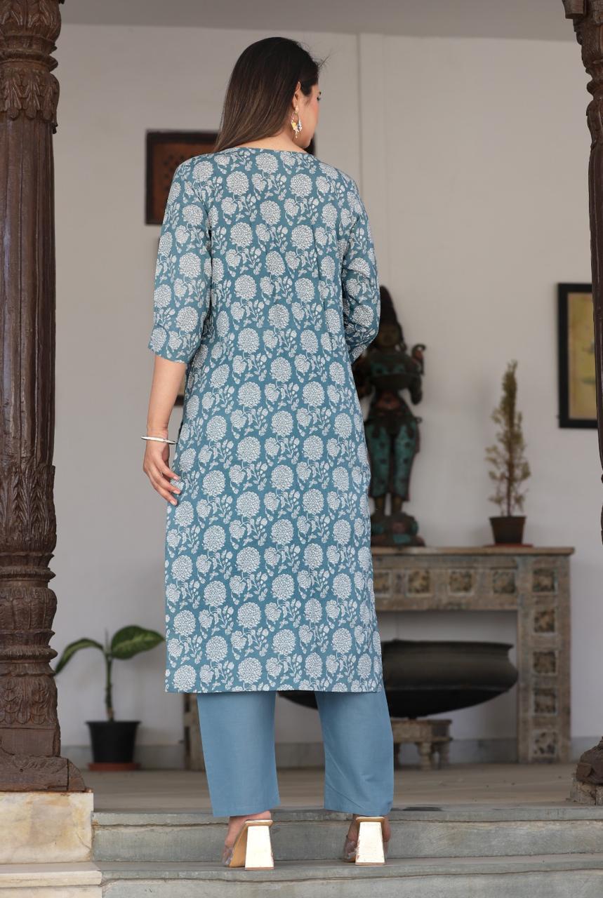 Printed Cotton Embroidered Suit