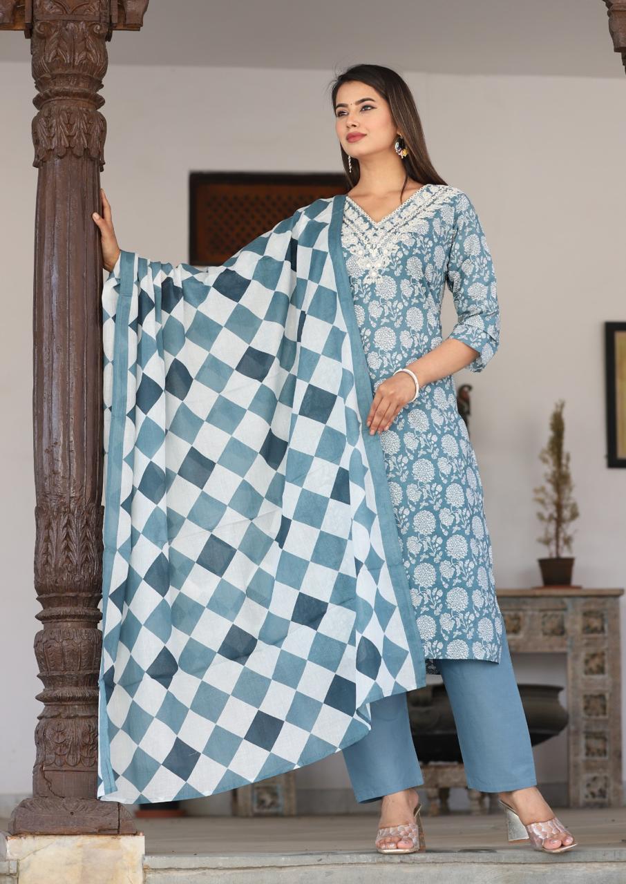 Printed Cotton Embroidered Suit
