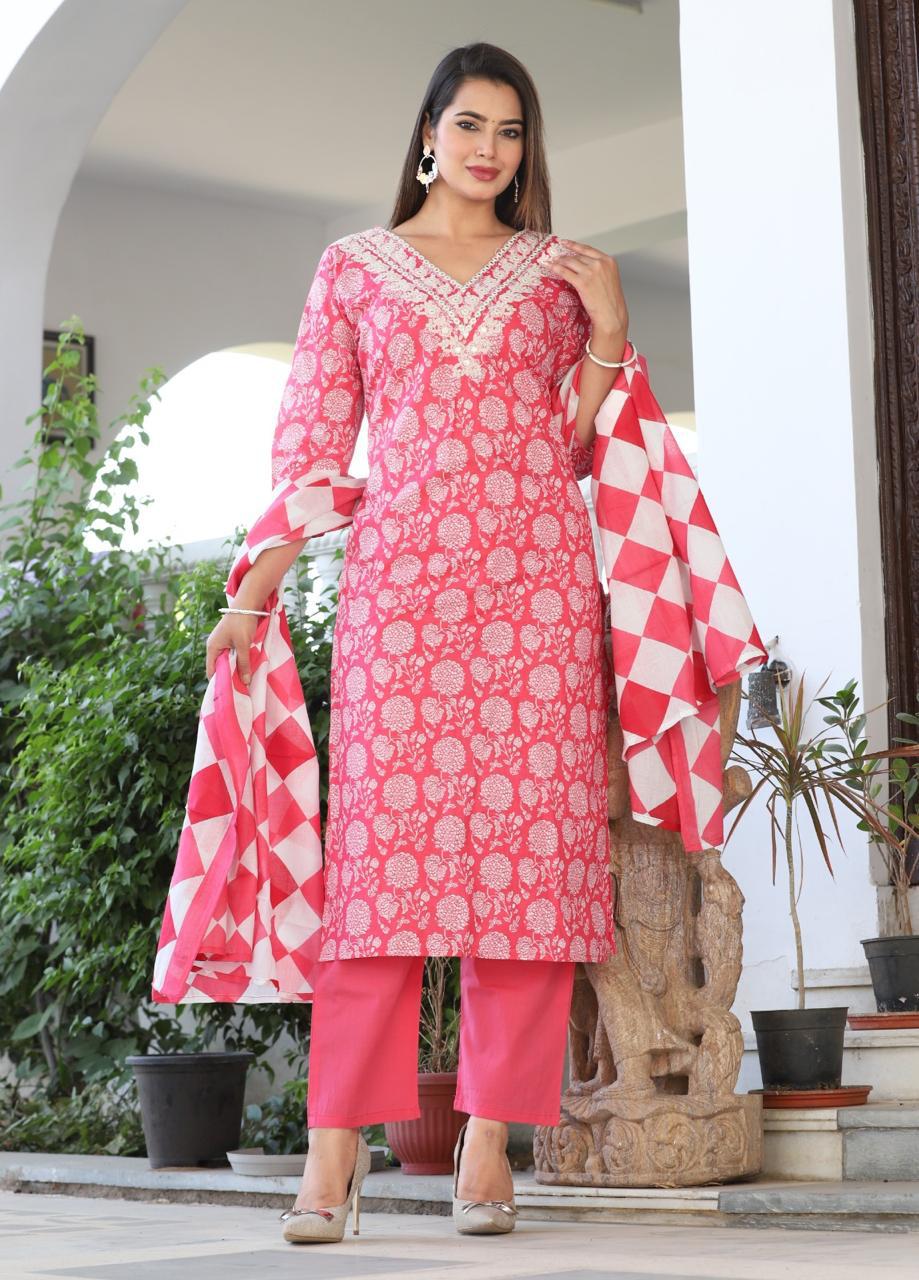 Printed Cotton Embroidered Suit
