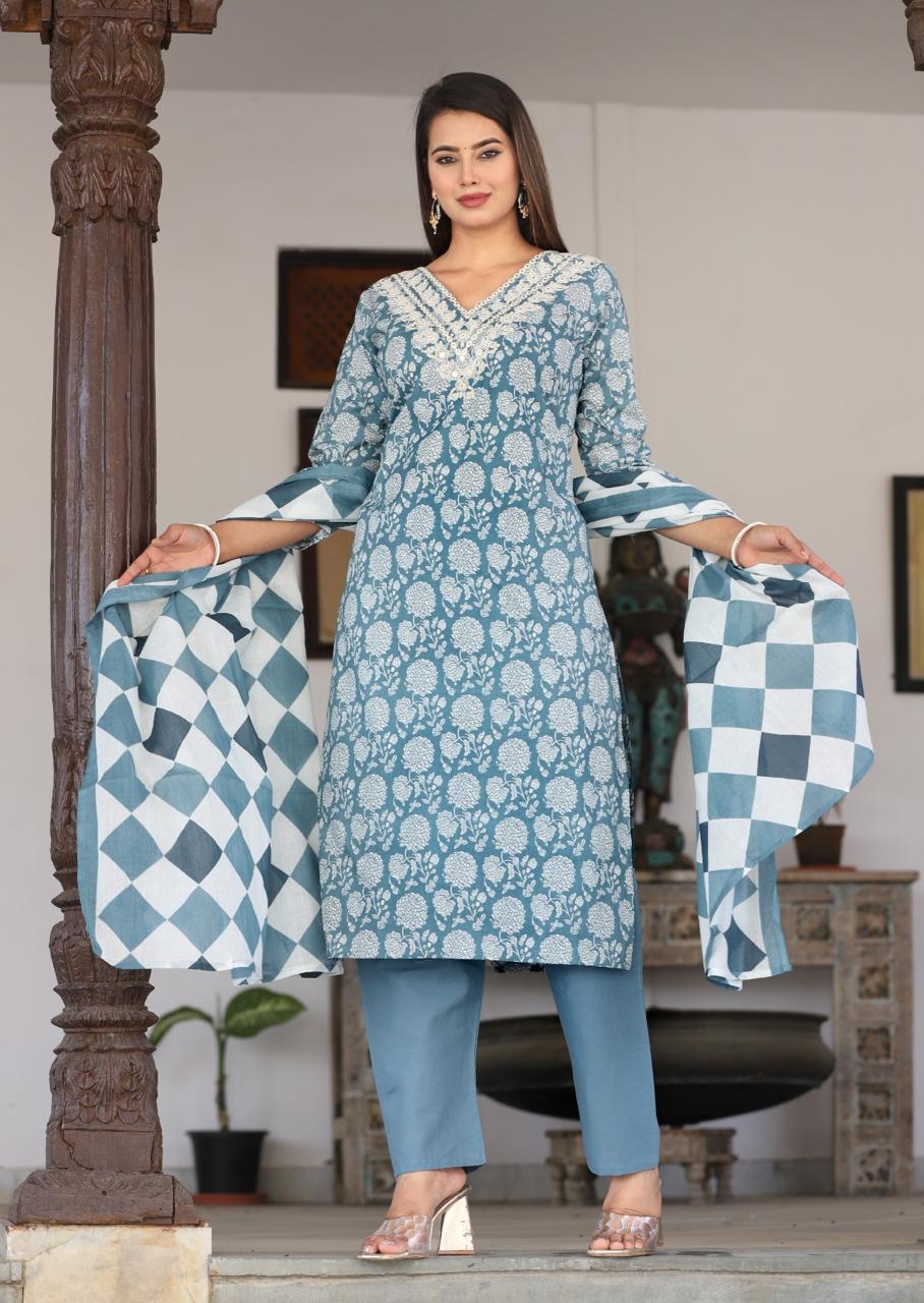 Printed Cotton Embroidered Suit