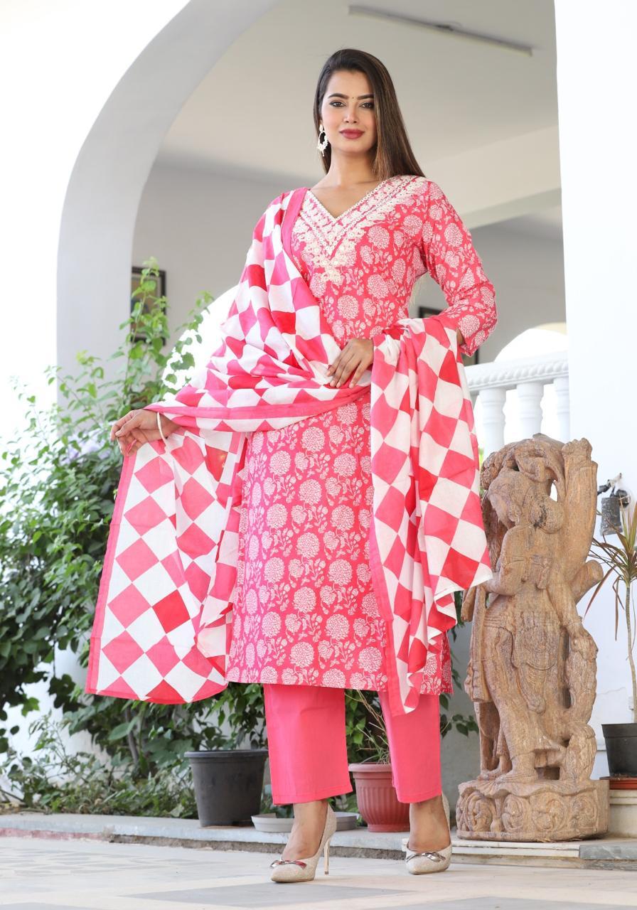 Printed Cotton Embroidered Suit