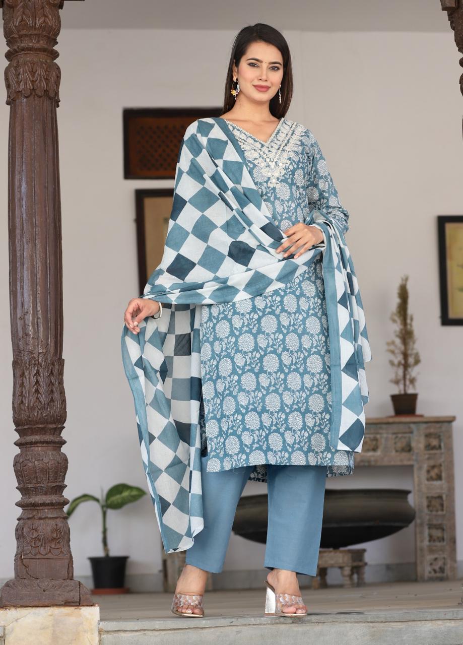 Printed Cotton Embroidered Suit