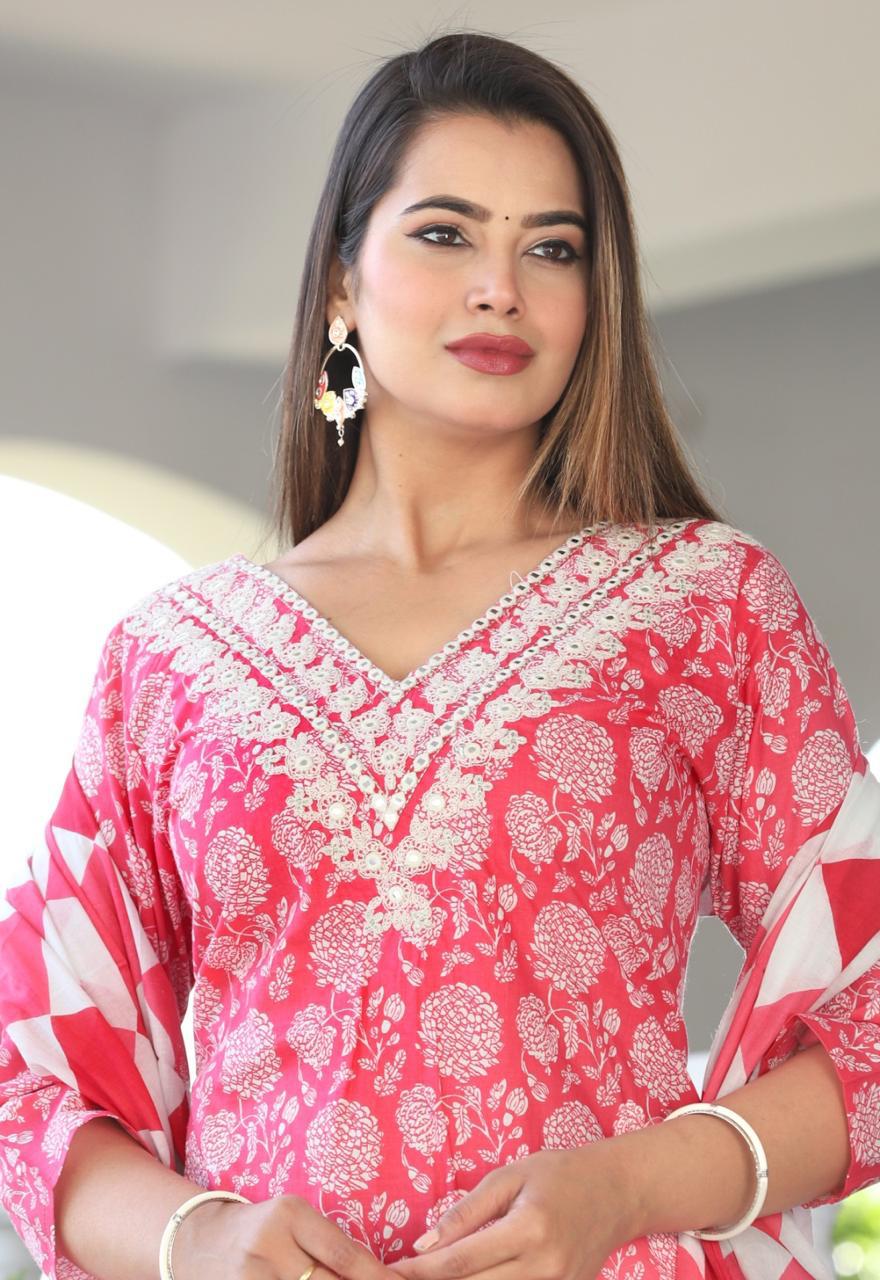 Printed Cotton Embroidered Suit